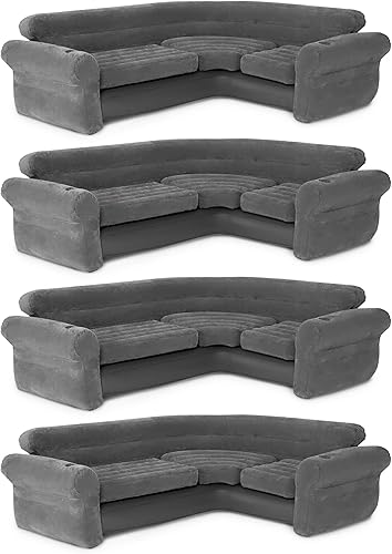 Intex Sofá esquinero inflable en forma de L para interiores relajantes con portavasos integrados para salas de estar en el hogar, gris (paquete de 4)