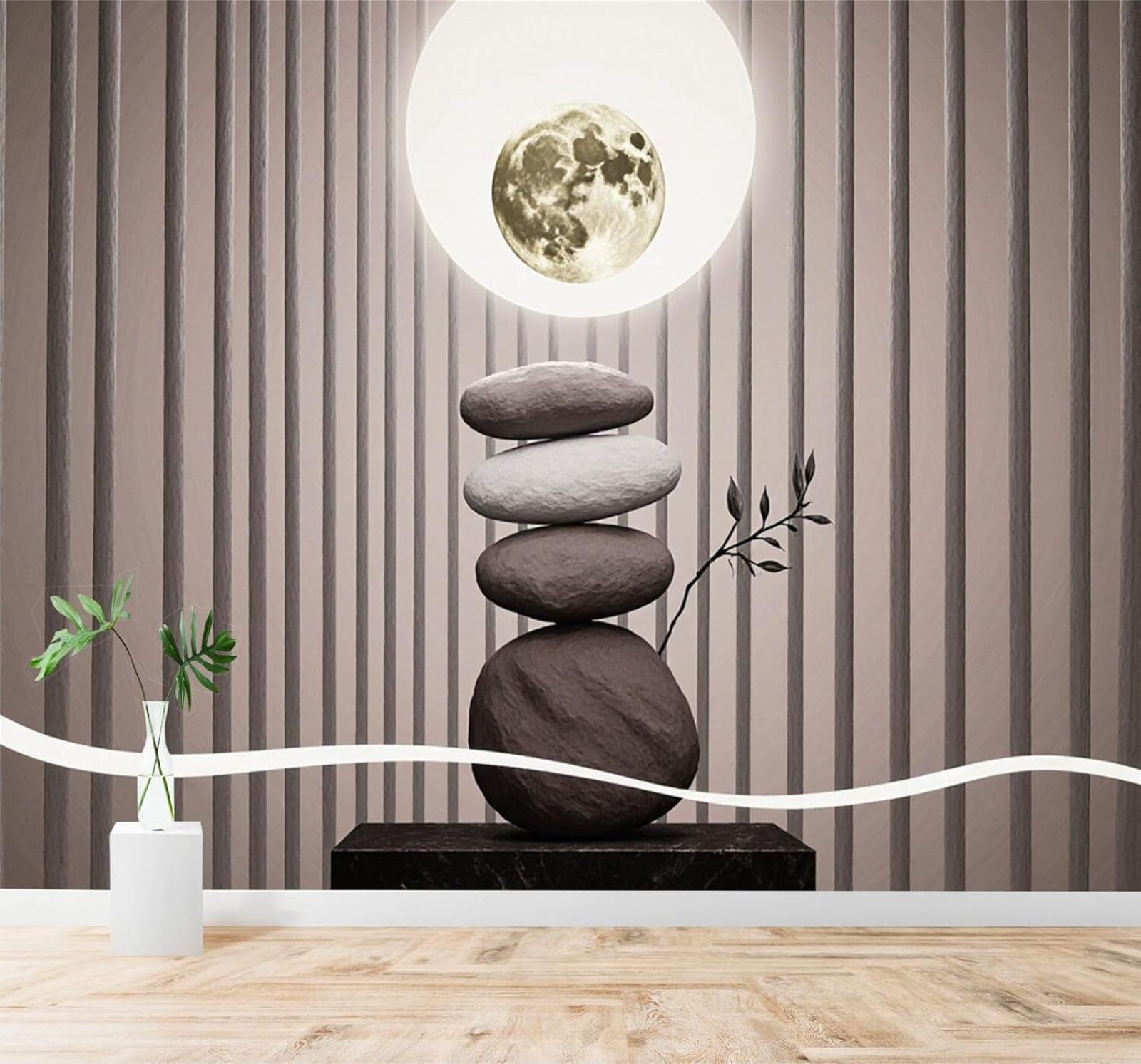 Xlming 400Cm×280Cm(B×H) Full Moon Minimalist Abstract Lines Stacked Zen Stones 3D Wallpaper Silky Texture Home Study Office Grey Dining Room Sofa Bedroom Living Room Tv Backdrop-400Cm×280Cm