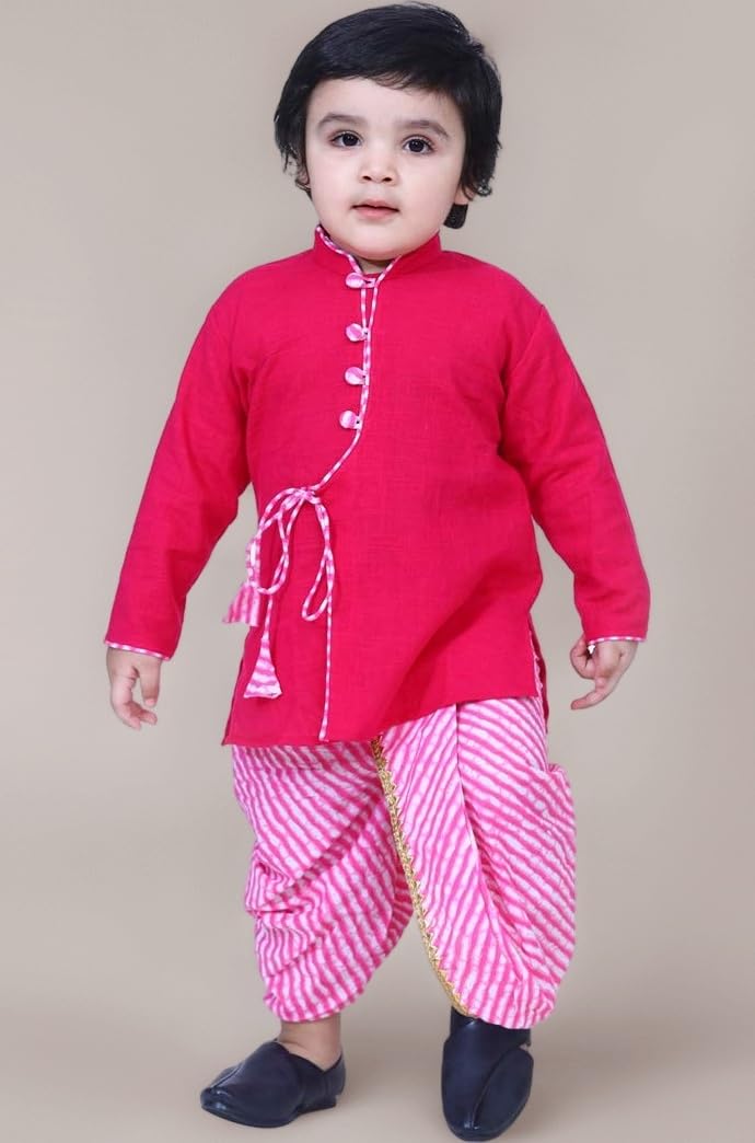 BownBee Ethnic Wear Cotton Kurta Dhoti Traditional Dress Set for Baby Boys, Front Open with Dori Pattern, Full Sleeves, and Round neck, Ideal for All Festivals