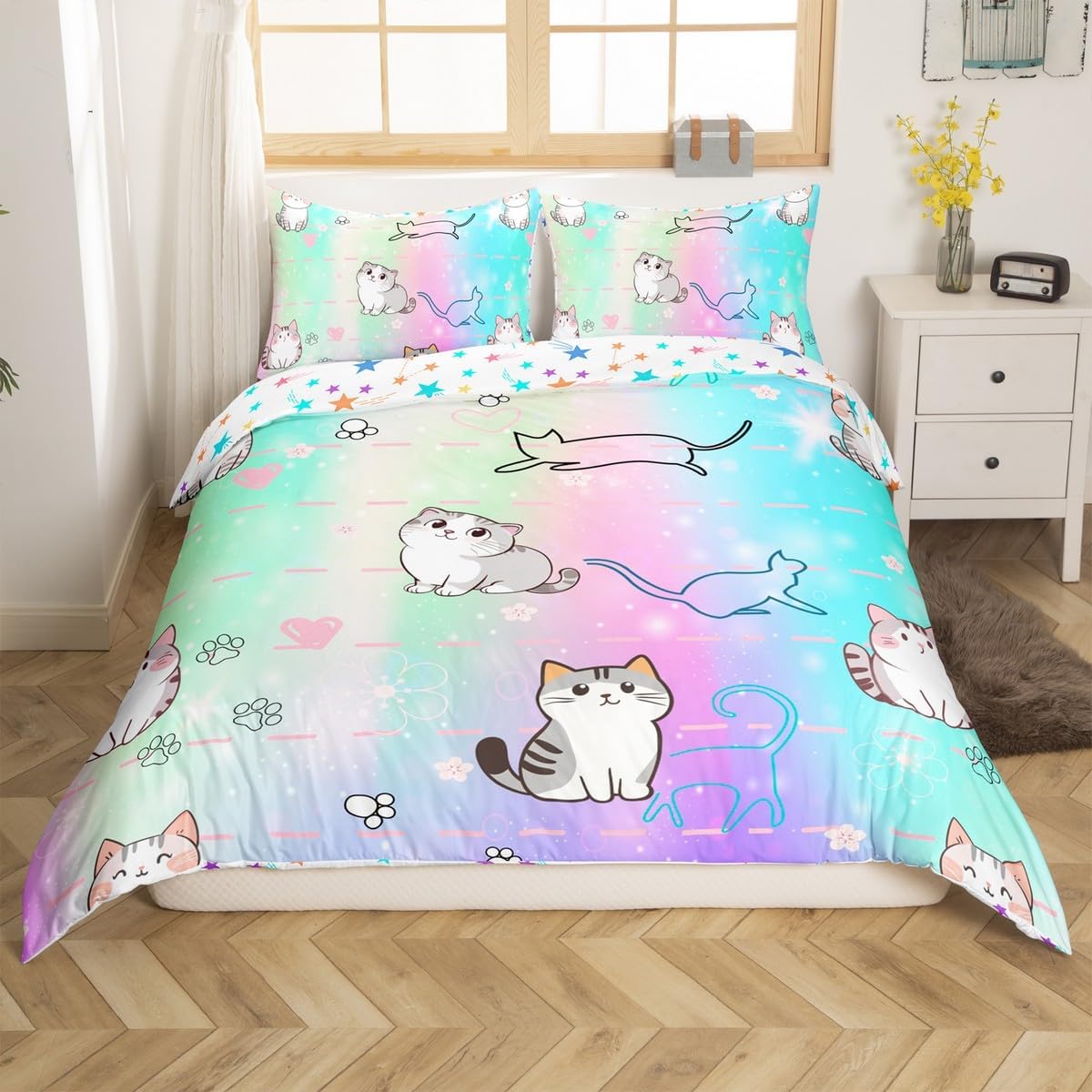 Erosebridal Cartoon Cat Duvet Cover for Kids Boys Girls,Glitter Galaxy Stars Bedding Set Toddler,Ombre Kitten Bed Sets,Pets Quilt Cover with 1 Pillowcase Microfiber