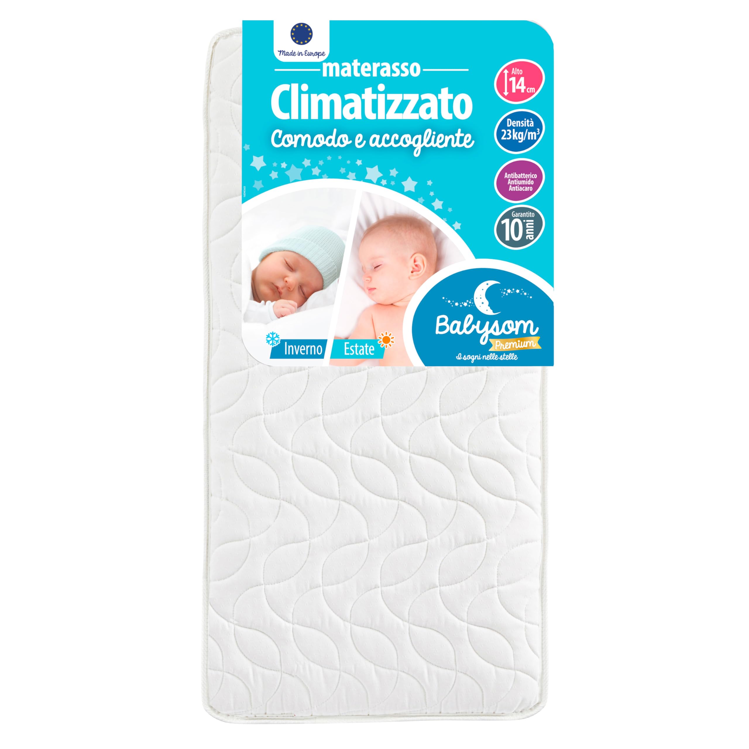 Babysom - Materasso Lettino Bambino Climatizzato Estate/Inverno - 60x120 cm | Per Neonato - Altezza 14cm - Traspirante - Antiacaro e Antisoffoco - Garanzia 10 anni