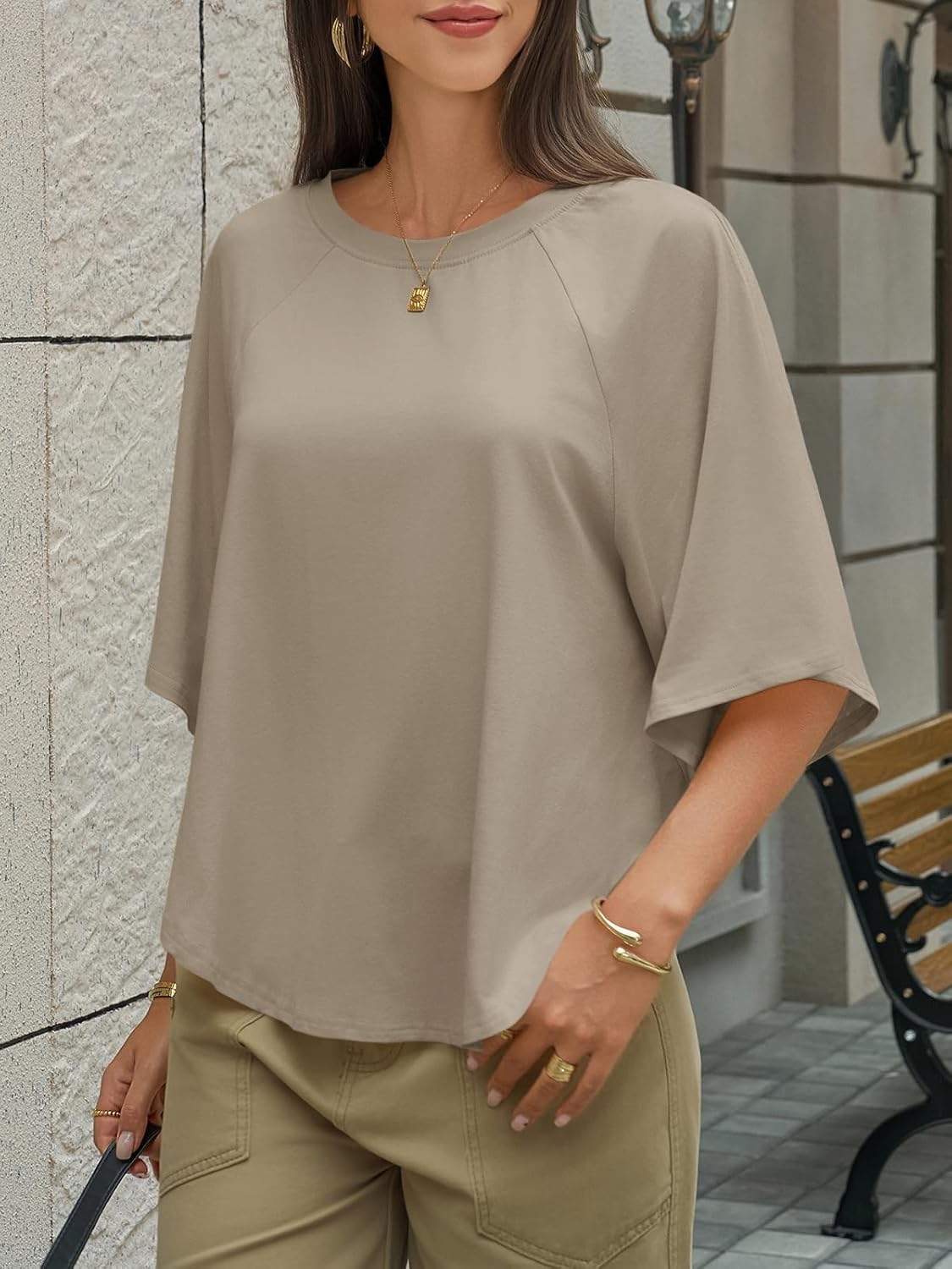 Cicy Bell Womens Summer Oversized Tshirts Crew Neck Half Sleeve Casual Tops Flowy Irregular Hem Tees - Image 2