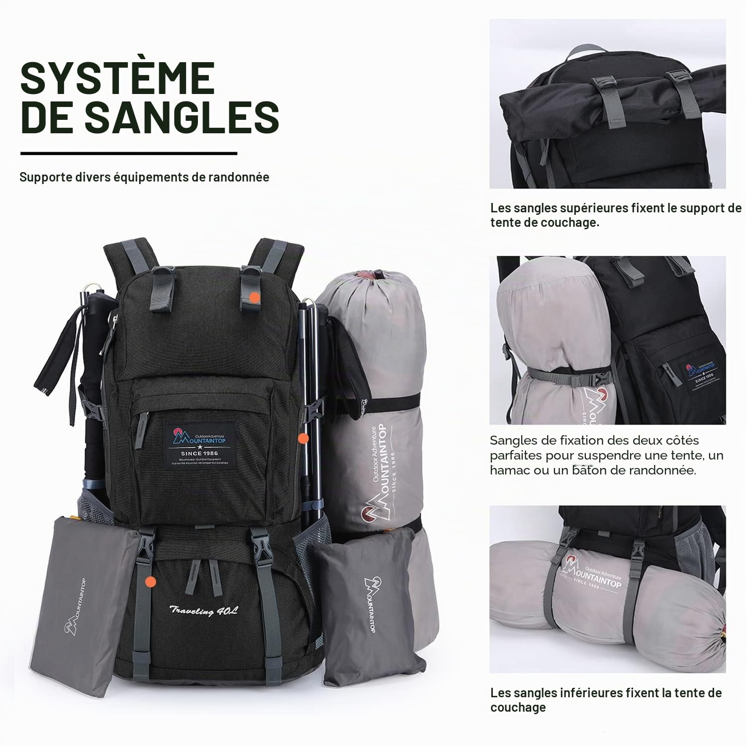 MOUNTAINTOP 40L Sac à Dos de Randonnée Femme Homme trekking | grande capacité Sac à Dos Voyage avec Housse de Protection Contre la Pluie pour Voyage Camping