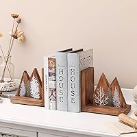 Vista 3 de NIKKY HOME Sujetalibros de madera de montaña de bosque rústico antideslizante resistente con extremos de libro para decoración de cabina, estantes
