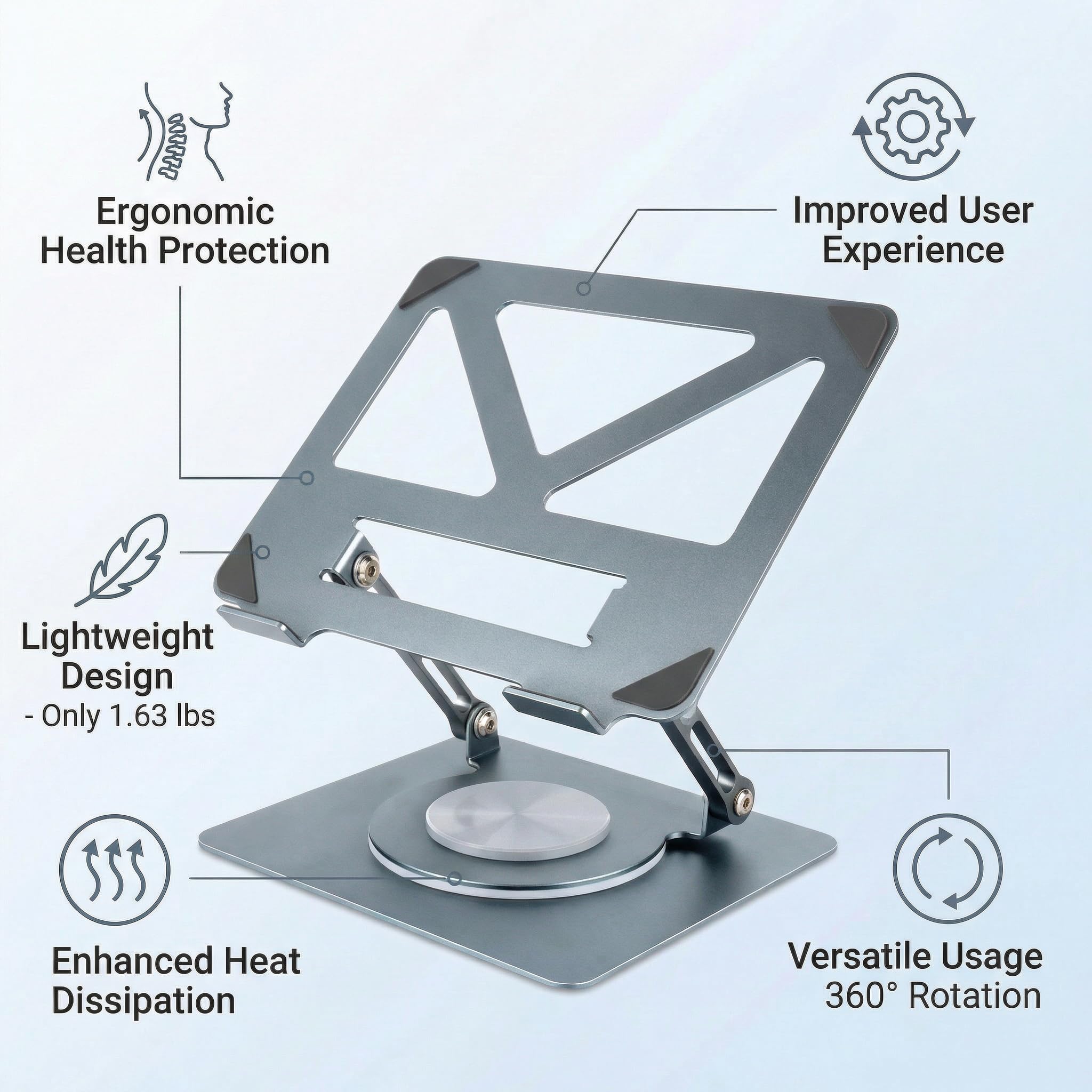 Supporto per laptop con base girevole a 360°, supporto ergonomico per computer da scrivania, regolabile in altezza regolabile, supporto pieghevole per laptop, supporto stabile in metallo per