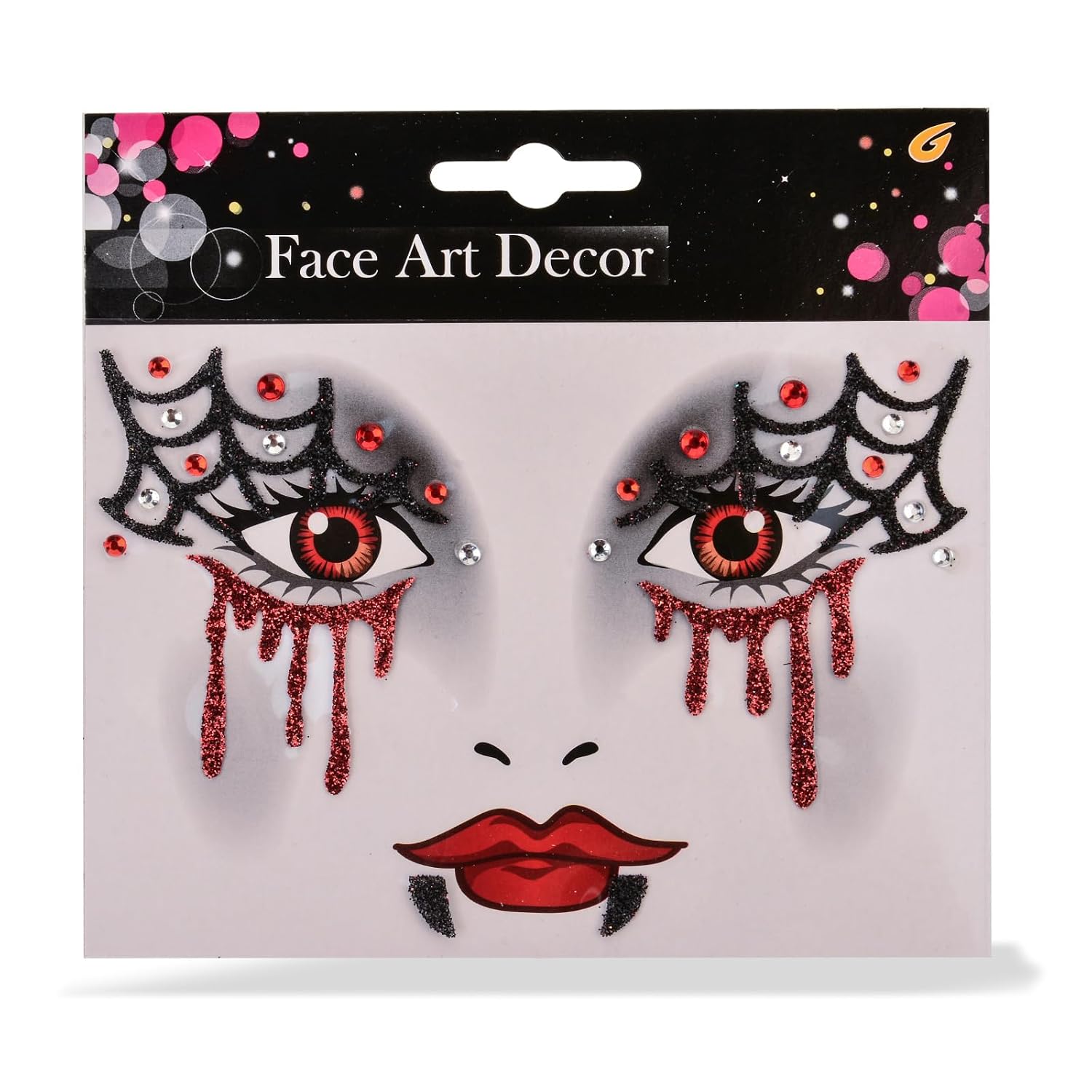 Halloween Face Art Decor, Spider Web and Blood Drip Design, Festival Costume Makeup Jewels Sticker (Red Black)