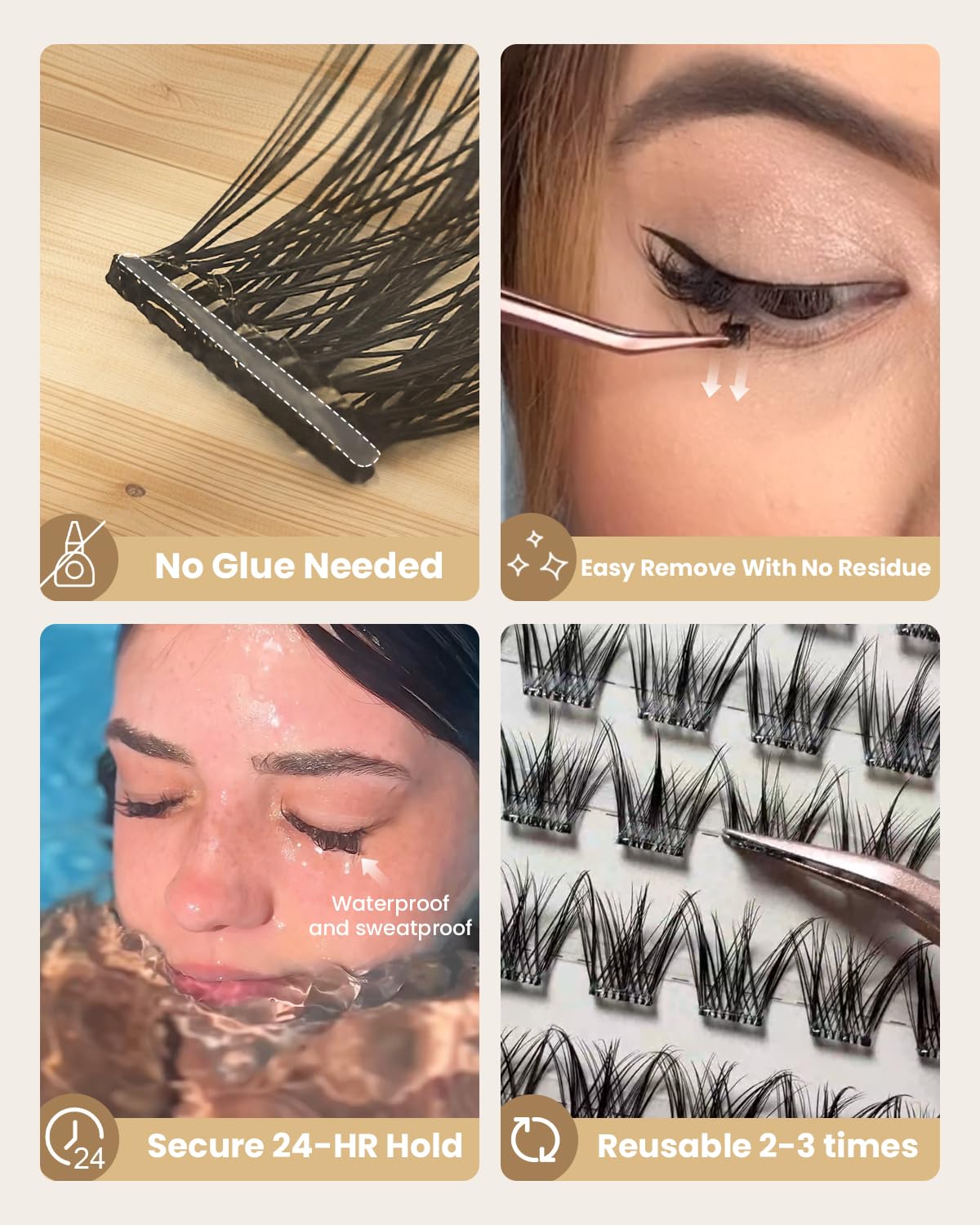 Self Adhesive Eyelashes Glue Free Lash Clusters Easy Removal Ultra Thin Lightweight Press on lashes Natural Wispy 10-14mm Fluffy False Eyelashes 90 Clusters Lash Clusters Kit