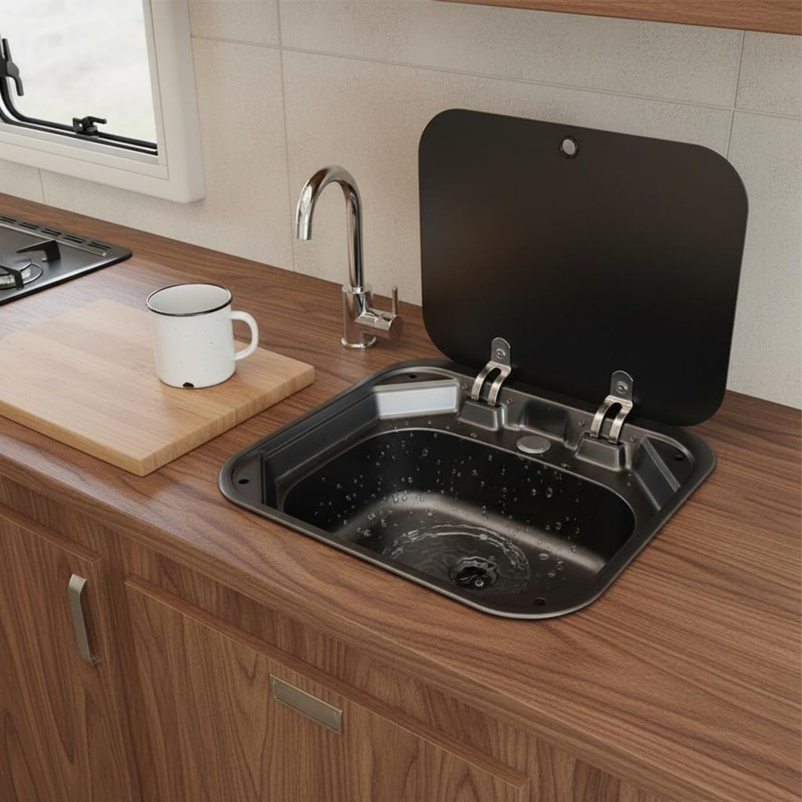 Colcolo Lavabo Plegable Acero Inoxidable para Cocina Vehículo Fregaro Rectangular con Tapa Abatible Compacta Lavado Rápido Banja Pulida un Acuado para Camping Mochilero, Fregadero