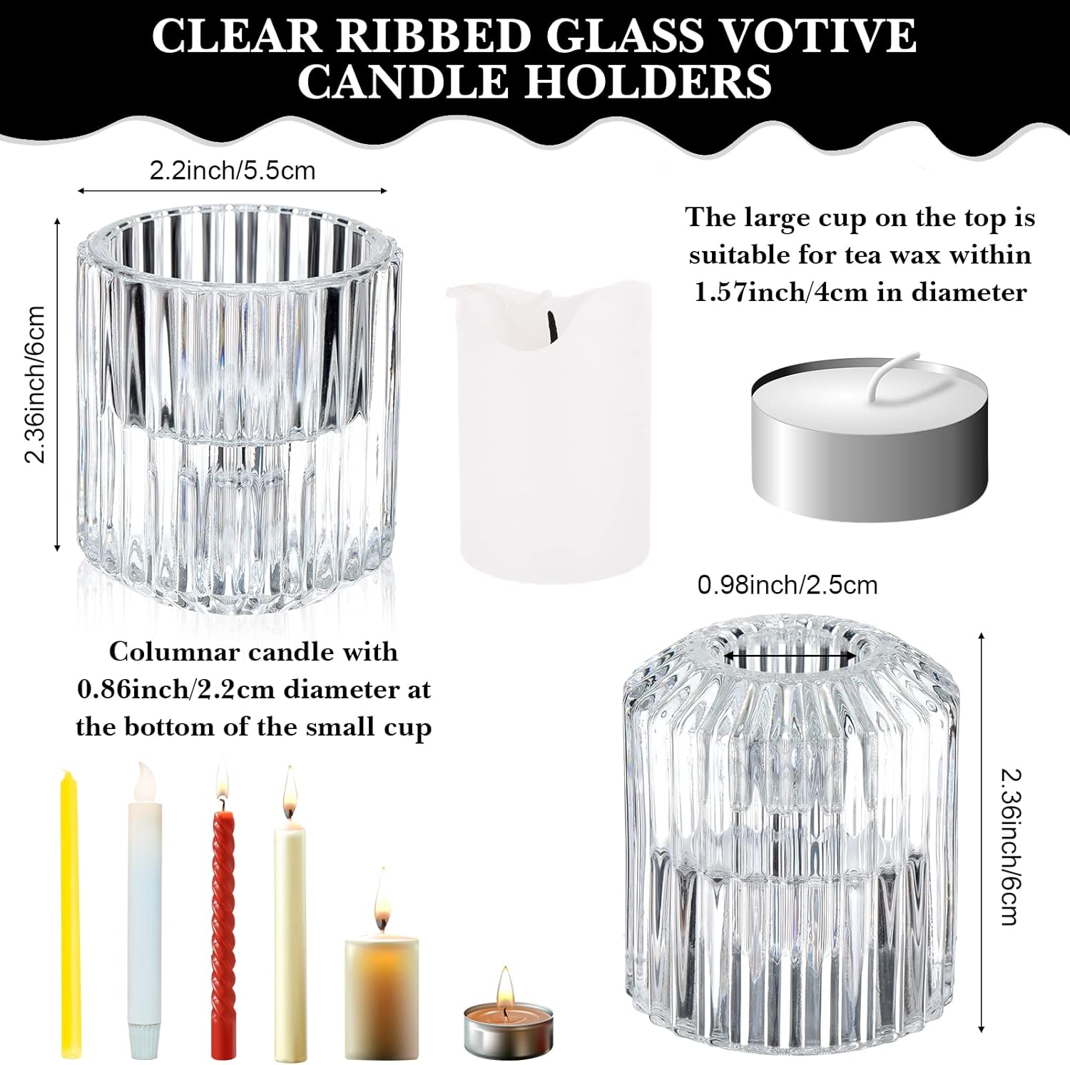 Zopeal 24 Pieces Glass Candlestick Holders Clear Bulk Crystal Ribbed Votive Holders for Taper Candles, Pillar and Tealight Candles