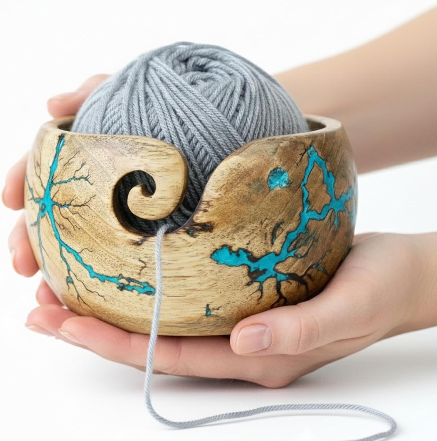 Lichtenberg Figure Yarn Bowl - Handmade Wooden Yarn Bowl for Knitting Yarn Ball Holder - Yarn Bowls with Holes Crochet Bowl Holder - Yarn Storage Bowl 7" x 4" inches (SB-Yarn Bowl)