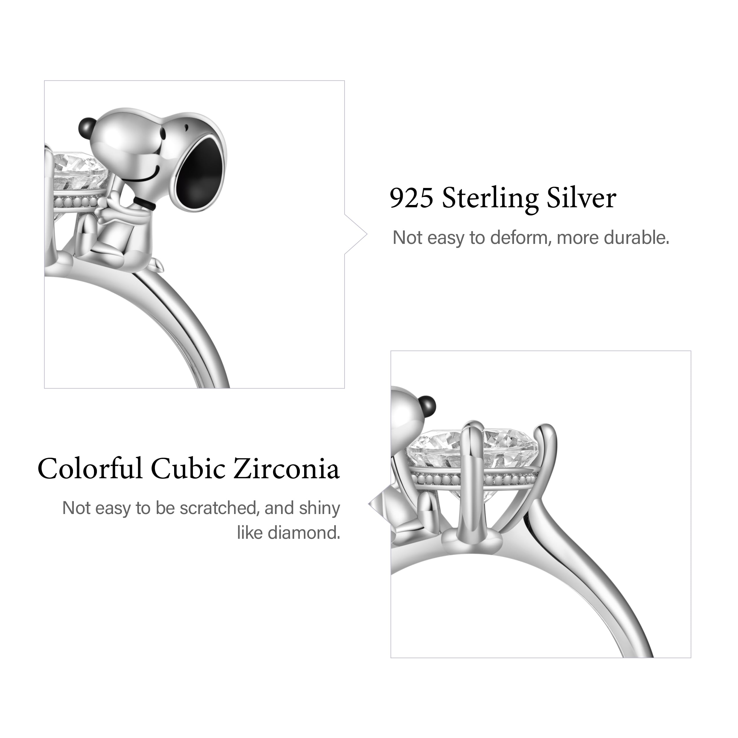 GNOCE Peanuts Snoopy Hug White Diamond Ring for Women, S925 Sterling Silver Ring for Her Wife, Valentine‘s Day, Mother’s Day Jewelry