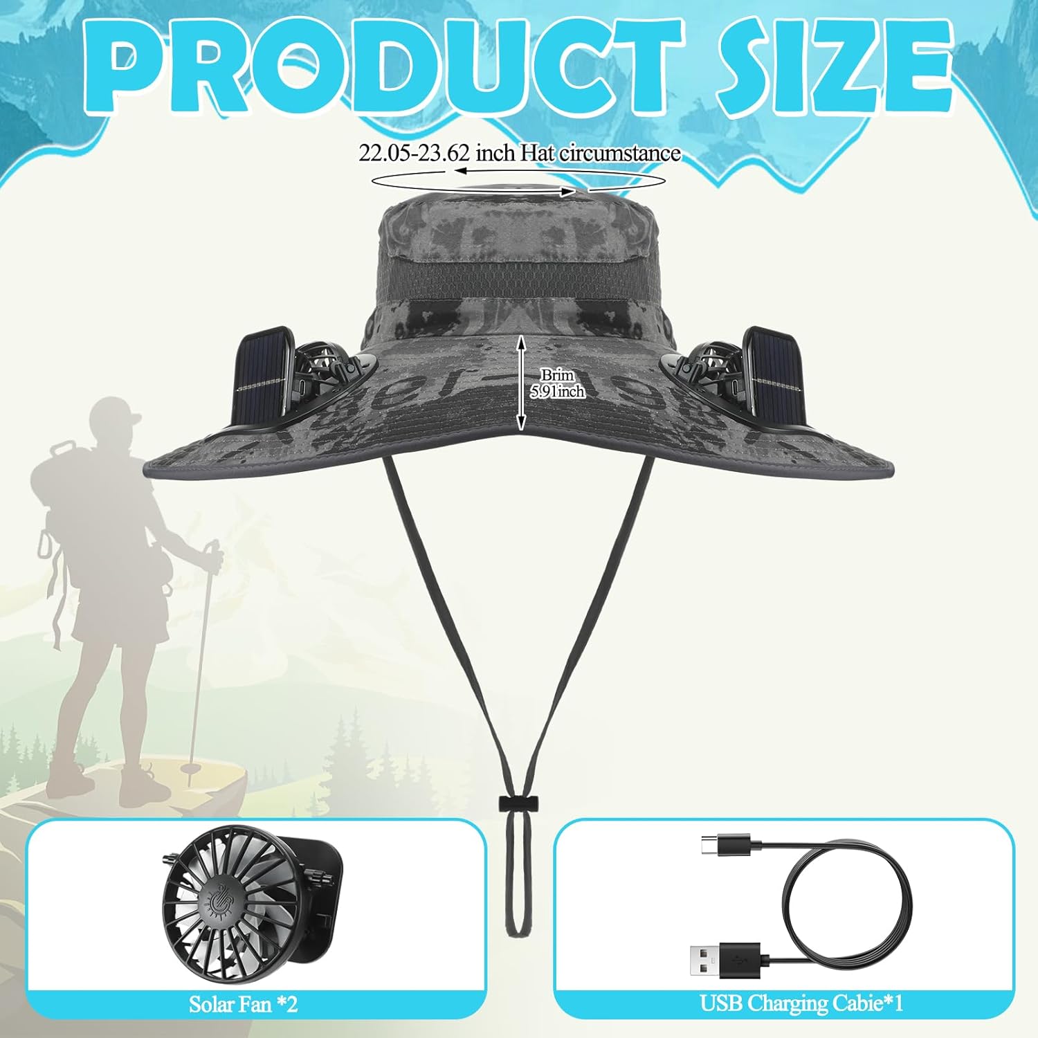 Berlune Solar Fan Hat with 2 Fans for Men Wide Brim Cooling Outdoor Hat Fishing Hiking Bucket UPF 50+ USB & Solar Powered