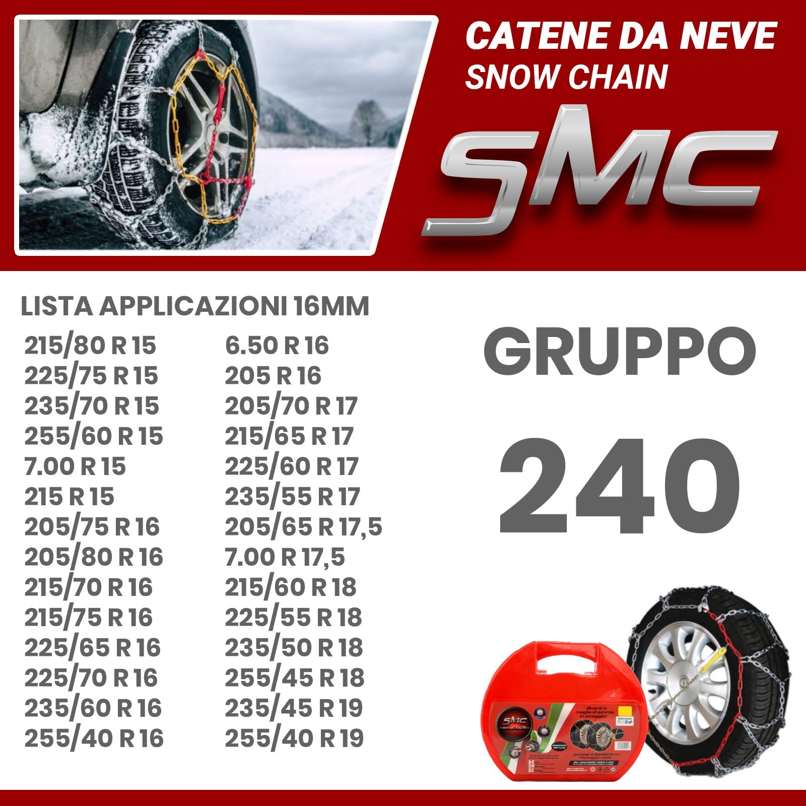 SMC Catene da Neve OMOLOGATE O-Norm TUV 16mm per Pneumatici GOMME 215/75 R 16