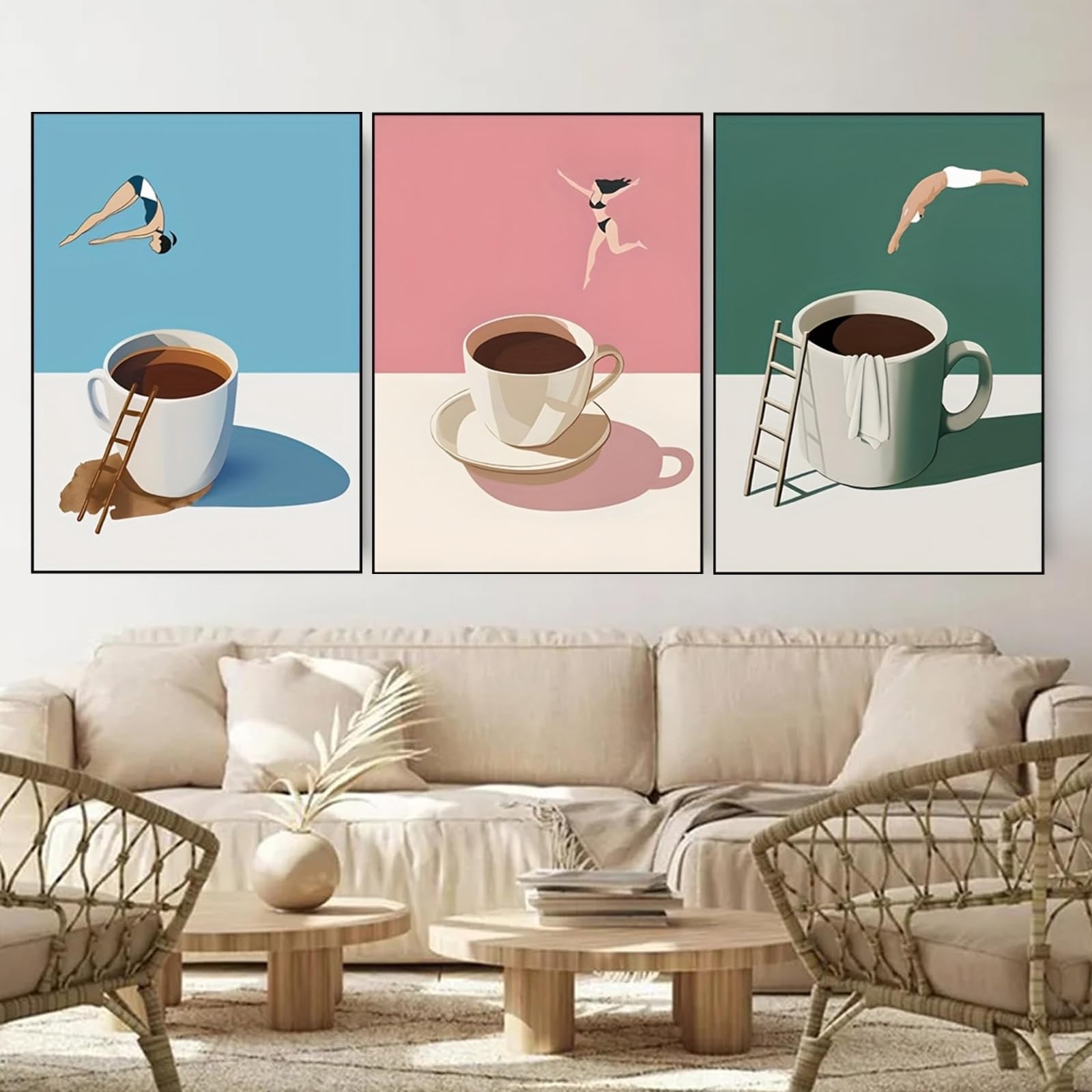 ZBELLO Set of 3 Posters, 2D Flat, Modern Geometric Canvas Prints, Diving, Coffee, Retro Swimmer & Coffee Cup Prints, Modern Home Wall Art, Room Décor, Frameless (30x40cm)