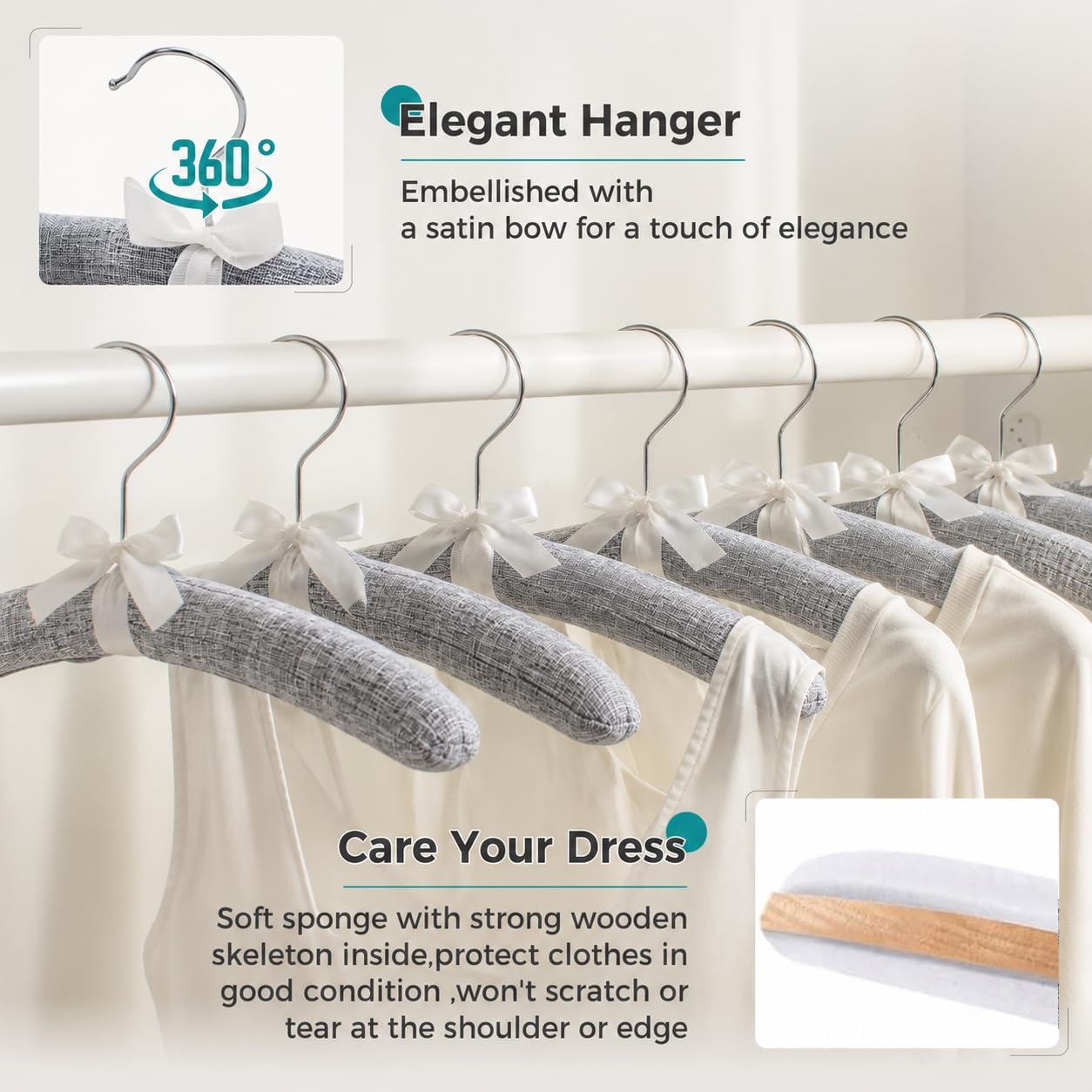 JS HANGER Padded Hangers - 17 Inch Extra Large Heavy Duty Fabric Covered Coat Hangers No Shoulder Bump for Women Clothes, Sweaters, Dresses, Clothing, Weddings, Lingerie Pack of 10, Heather Grey