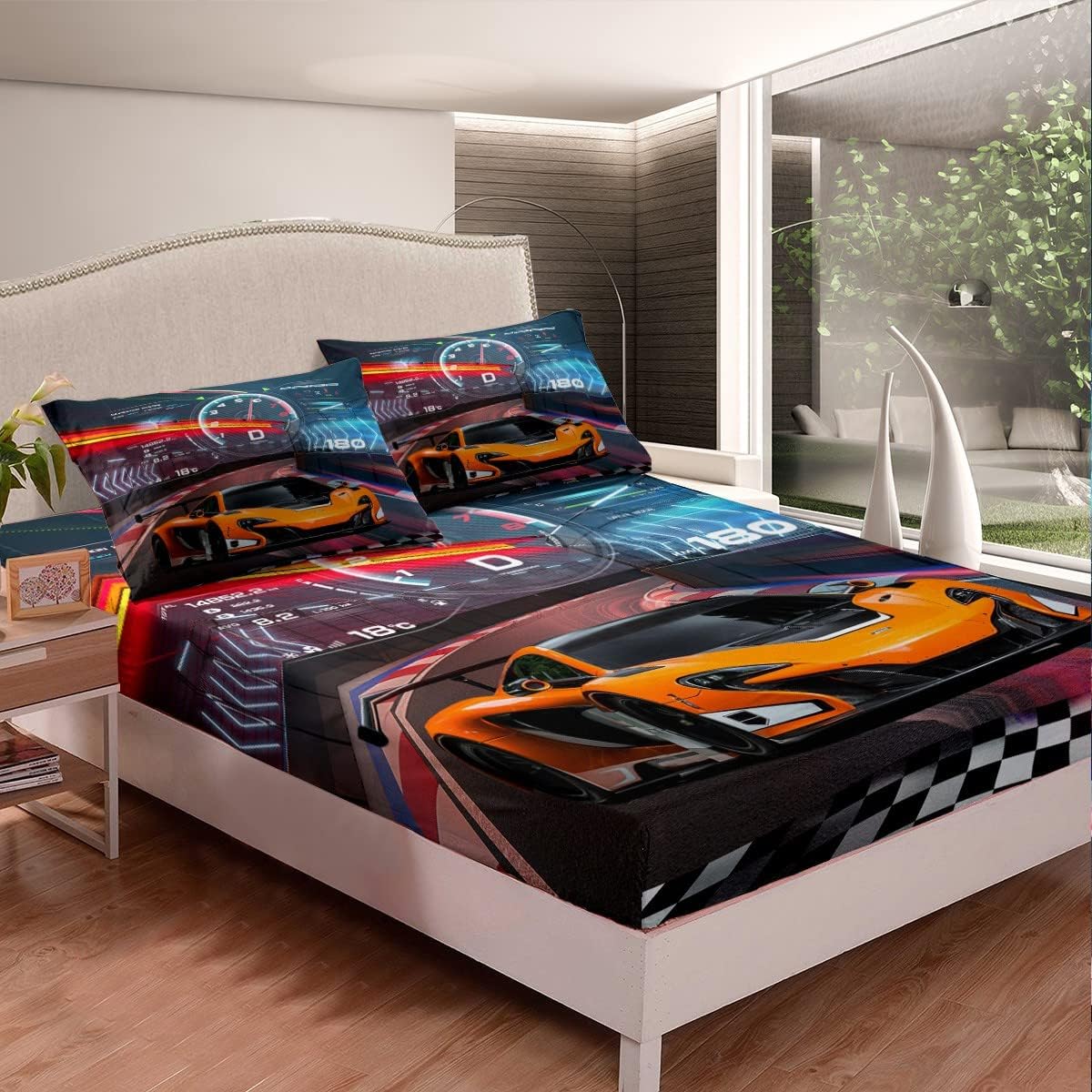 Feelyou Race Car Bedding Sheets Boys Extreme Sports Sheet Set for Kids Boys Cool Car Bedding Fitted Sheet Car Sports Bed Sheets 1 Sheet Set with 2 Pillowcases Queen Size