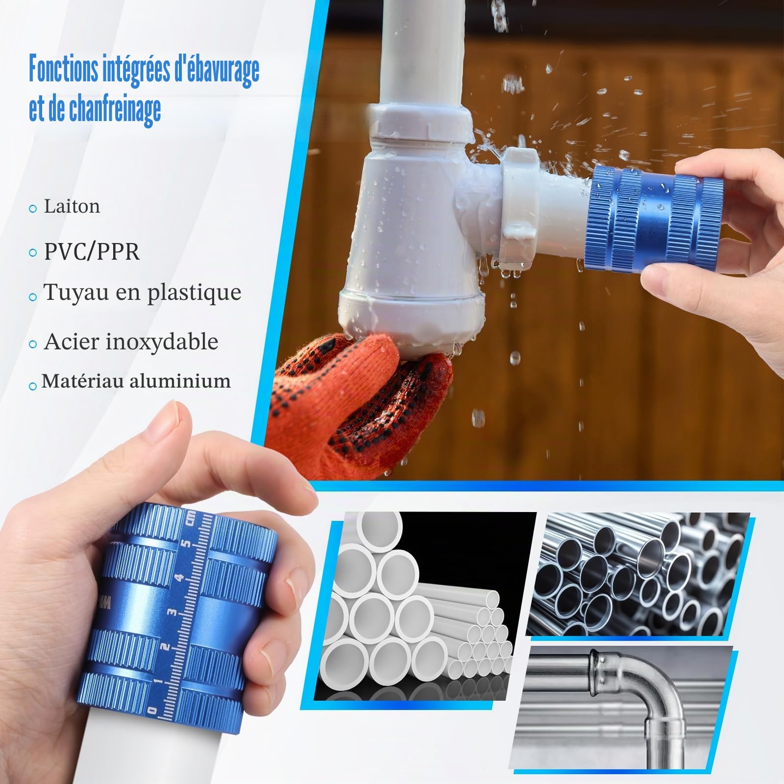 Ébavureur intérieur et extérieur en acier inoxydable Ø 6-42 mm pour tuyaux en cuivre et en plastique, climatisation