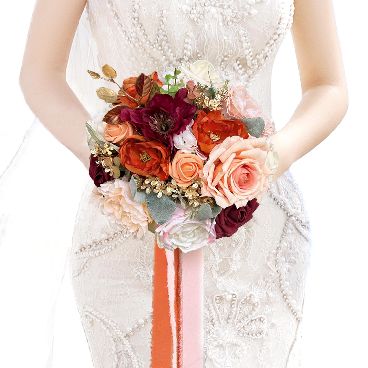 LCiclly 8.6 Inch Wedding Bouquets for Bride Bridesmaid, Burnt Orange Burgundy Rose Bridal Bouquet Terracotta Fall Wedding Artificial Silk Flower Boho