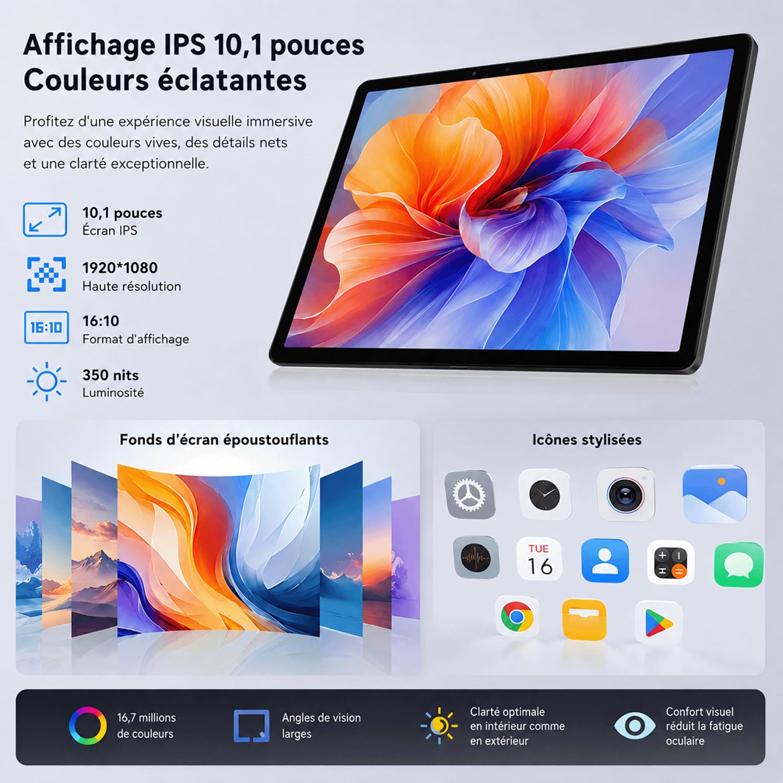 2026 Dernier Android 16 Tablette 10 Pouces Tablette, 32Go RAM+256Go ROM (2To TF), Octa-Core 2.0GHz, /GPS/WideVine L1/5G WIFI/1920 * 1080/10000mAh, Tablette Tactile Gemini AI - Noir