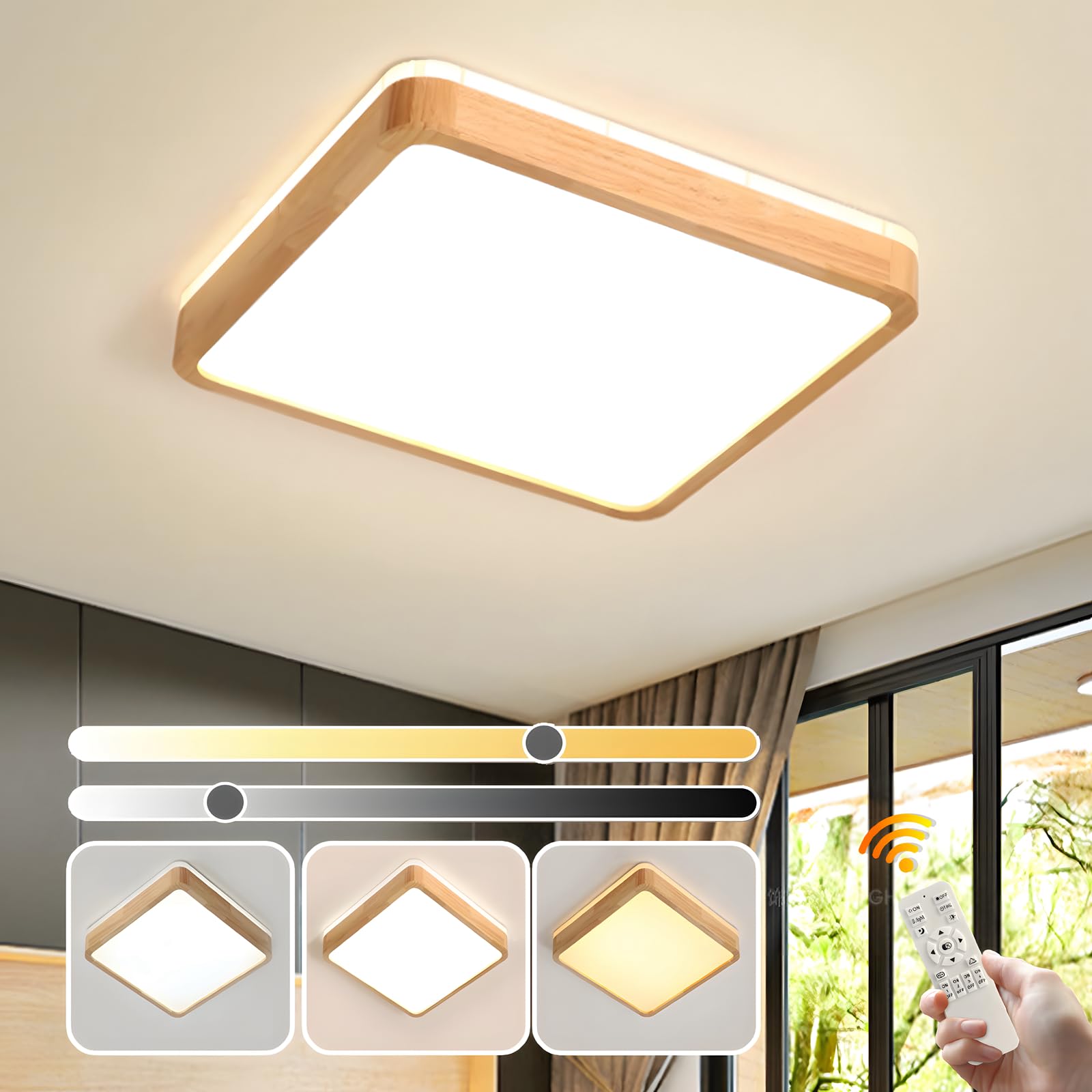 Yyutluo B:50*50Cm - Stepless Dimmable (With Remote) Led Ceiling Light Wood, Top 360° Glow Square Natural Wooden Lamp | Dimmable With Remote Control 2700K-6500K, 36W | Living Room, Dining Room, Hallway, Home, Office, Children's Room(Ø50cm)