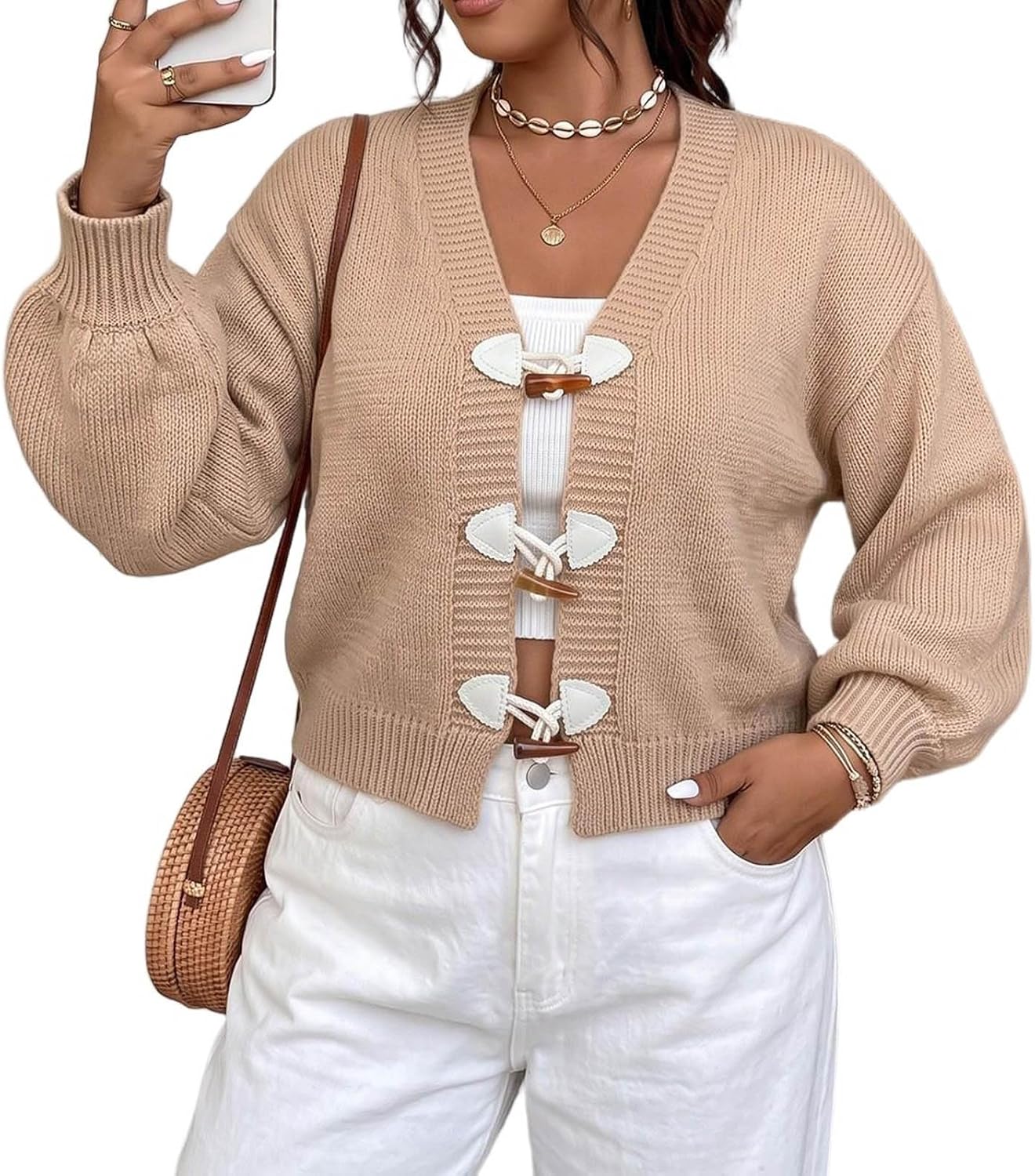 Women's Cable Knit Tops V Neck Balloon Sleeve Toggle Button Sweater