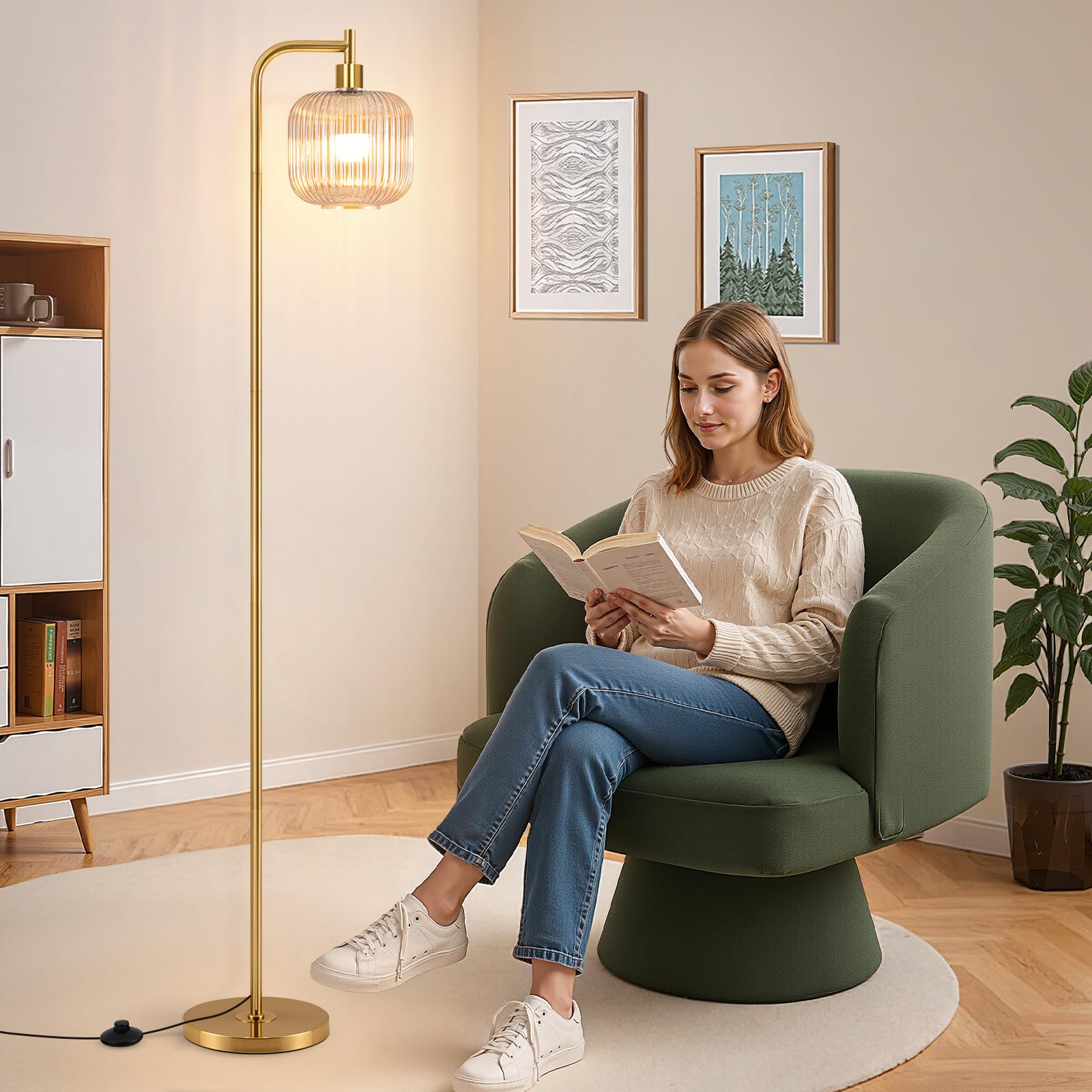 Retro LED Stehlampe Dimmbar, 160cm Vintage Stehlampe Wohnzimmer Mit Bernstein Glaslampenschirm, Fußschalter, Fernbedienung, 2700K-6500K, Moderne Stehlampen für Wohnzimmer Schlafzimmer Büro