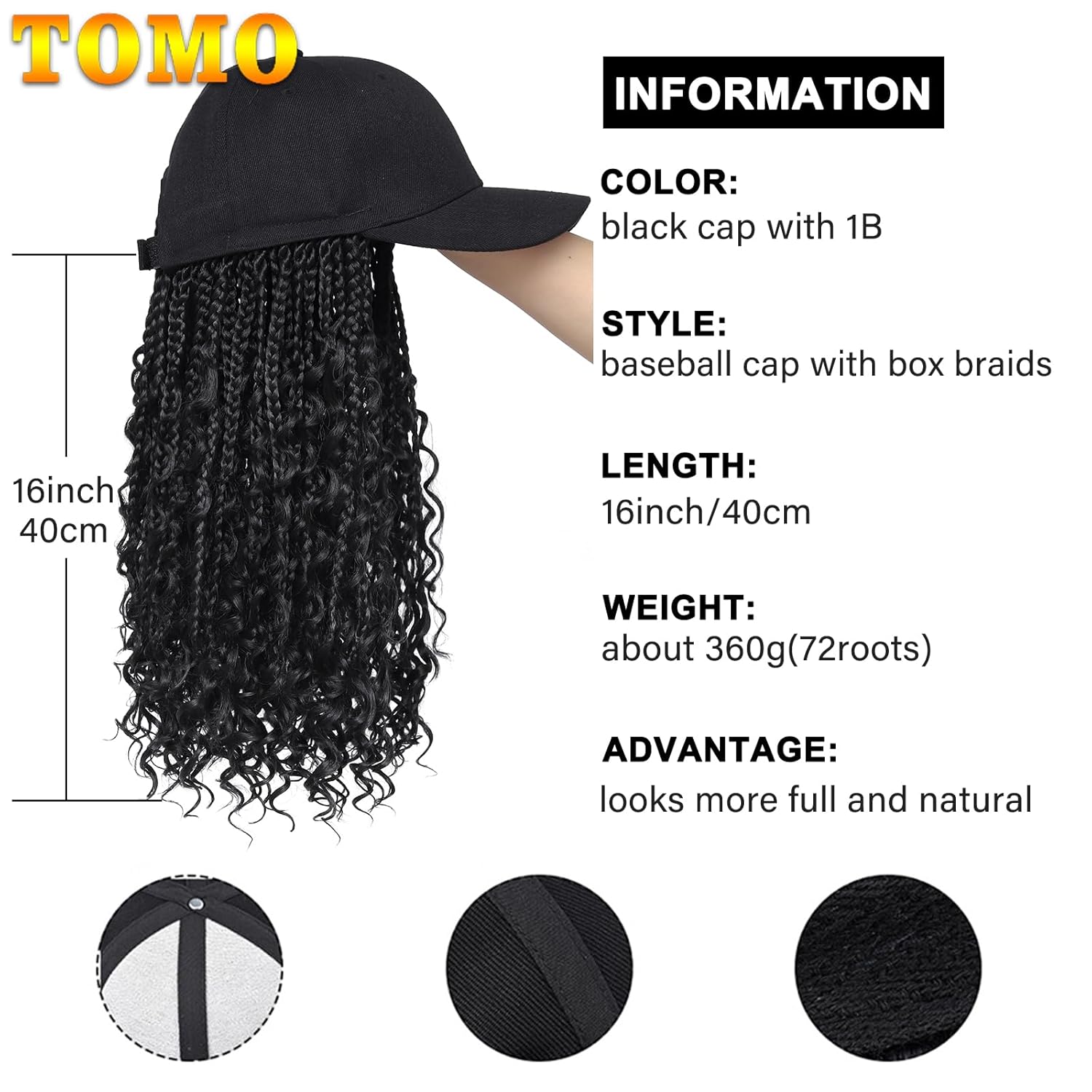 GUOJIAN Goddess Box Braiding Baseball Cap Wig Bohemian Curly Ends Box Braids Hat with Braided Hair Extensions for Black White Women Synthetic Braids Hat Wig with Hair Attached (16inch, 1B)