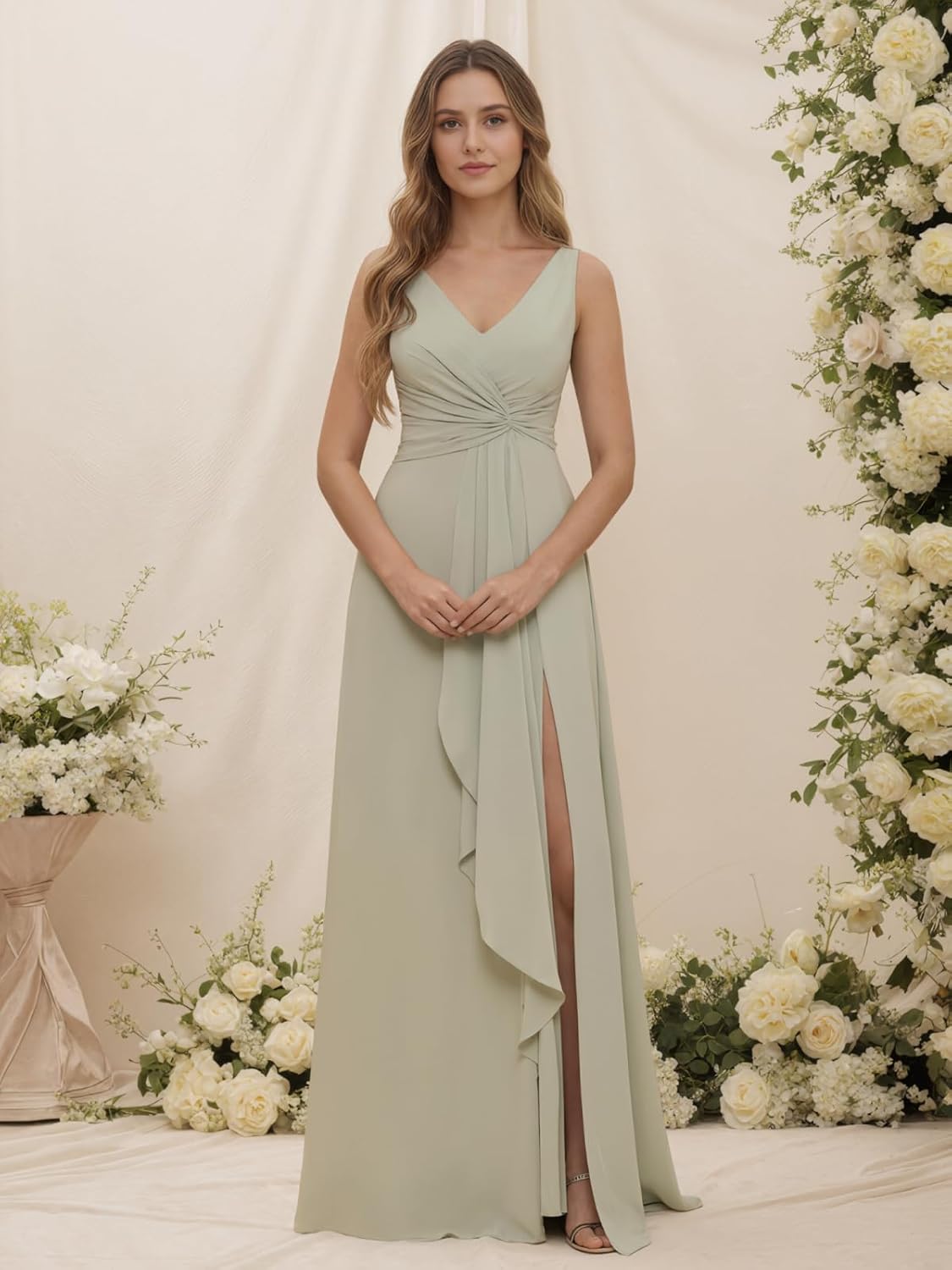 Chiffon Bridesmaid Dresses for Wedding Guest V Neck Ruffles Long Chiffon Formal Party Dress with Pockets BD009