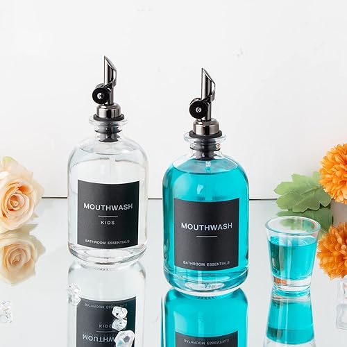 Miniatura 7 de Dispensador de enjuague bucal de vidrio negro con vasos, 12.7 onzas, paquete de 2 botellas de enjuague bucal transparente con boquilla de acero