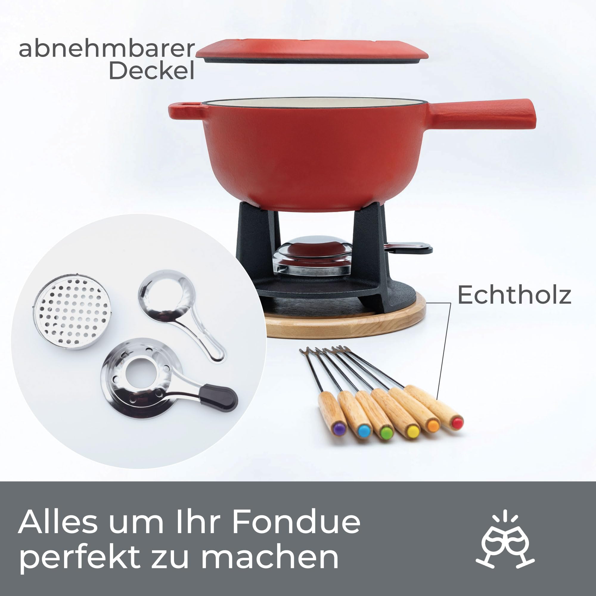 osoltus Fondue | Käsefondue | Fleischfondue Set Gusseisen 6 Personen Emaille | 13 TLG. inklusive Holzbrett und Fonduegabeln (rot matt)