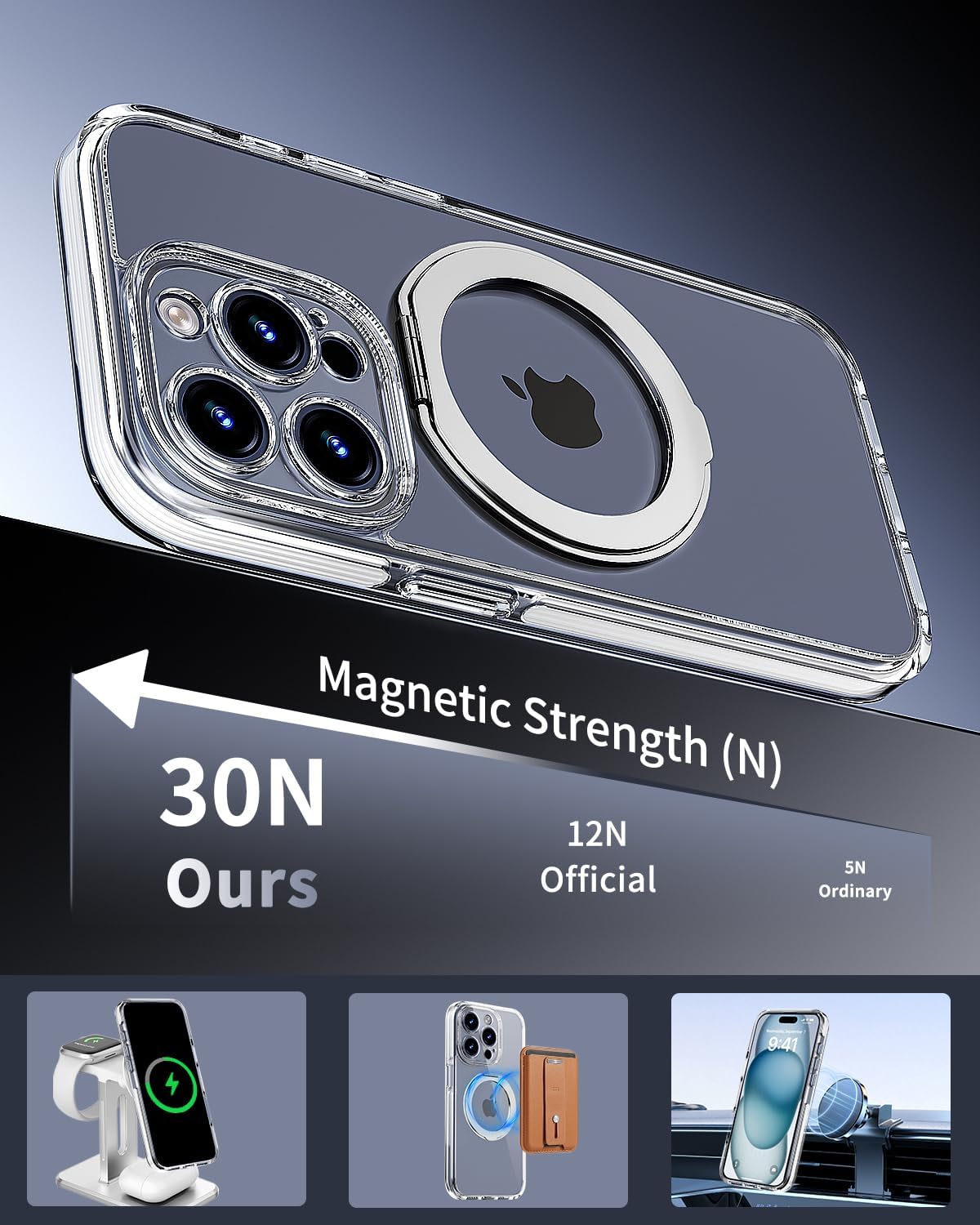 Magnetic for iPhone 15 Pro Max Case with 360 Spin Stand [Compatible with MagSafe] [Military-Grade Protection] [Detachable Strip] Anti-Yellowing Slim Case for iPhone 15 Pro Max 6.7", White
