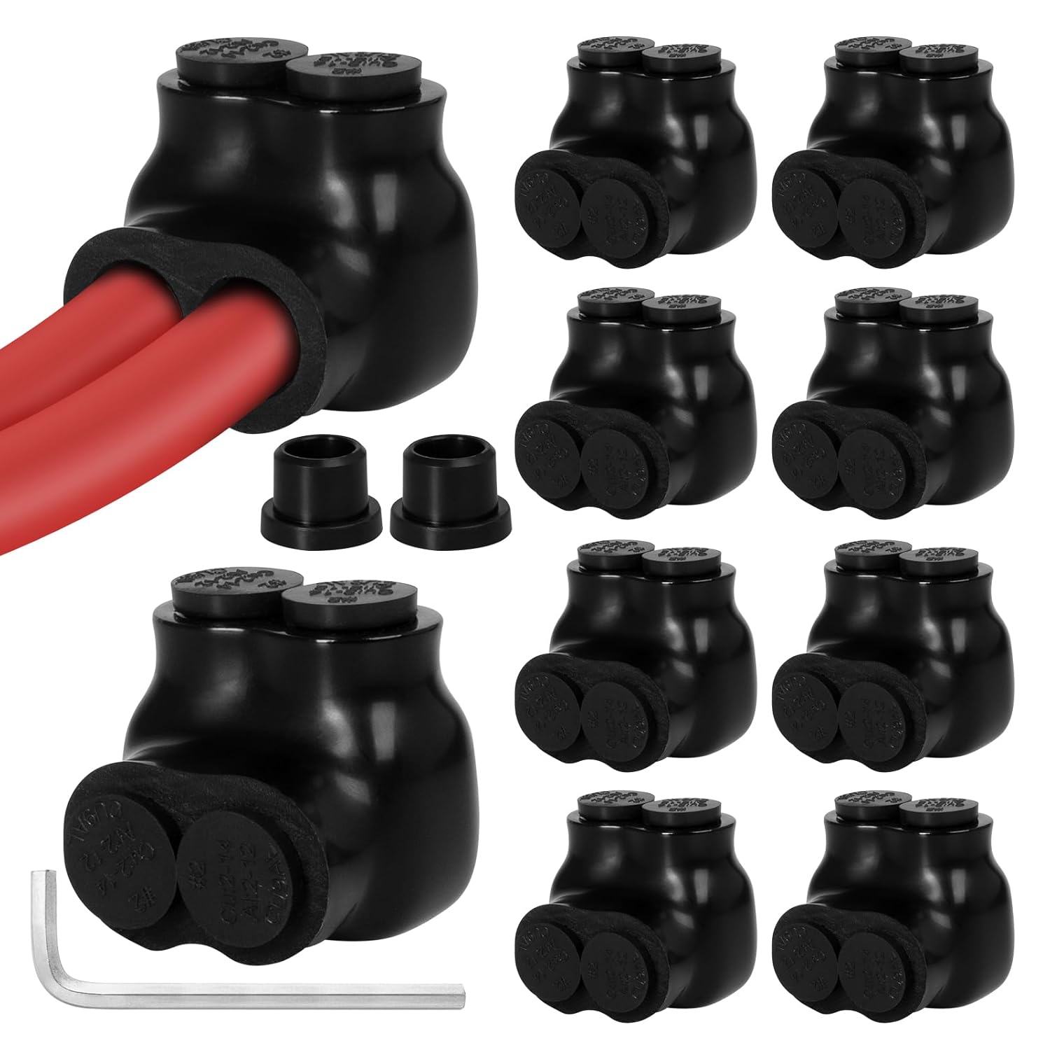 10 Pcs 2 Port Insulated Multi Tap Connector 4-14 AWG Single Entry Multi Cable Connector Aluminum Black Electrical Cable Connectors with Slotted Allen Hex, UL Liste