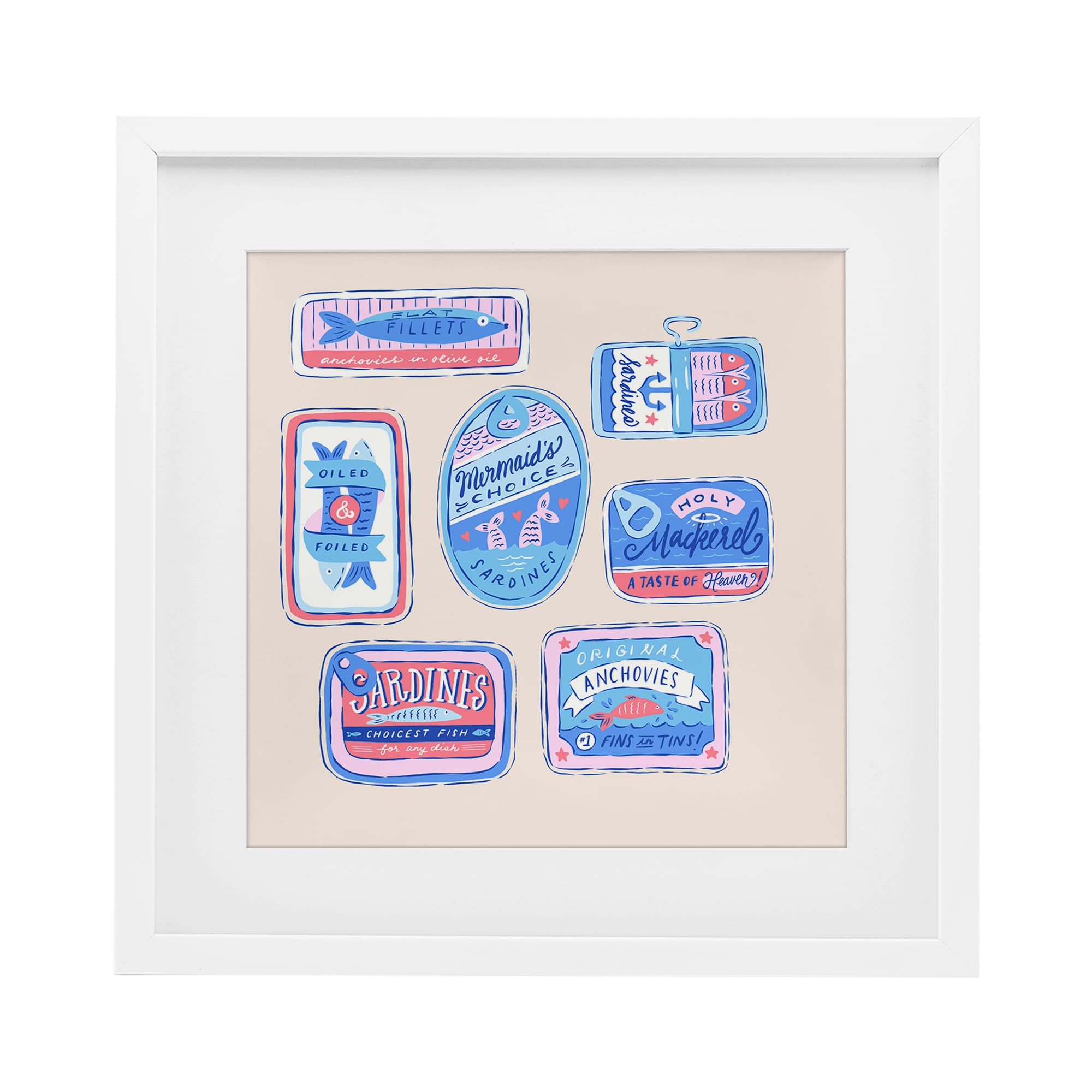 Stupell Industries Krissy Mast Kunstdruck mit verschiedenen Fischkonserven, gerahmt, unter Glas, 40,6 x 40,6 cm, Weiß