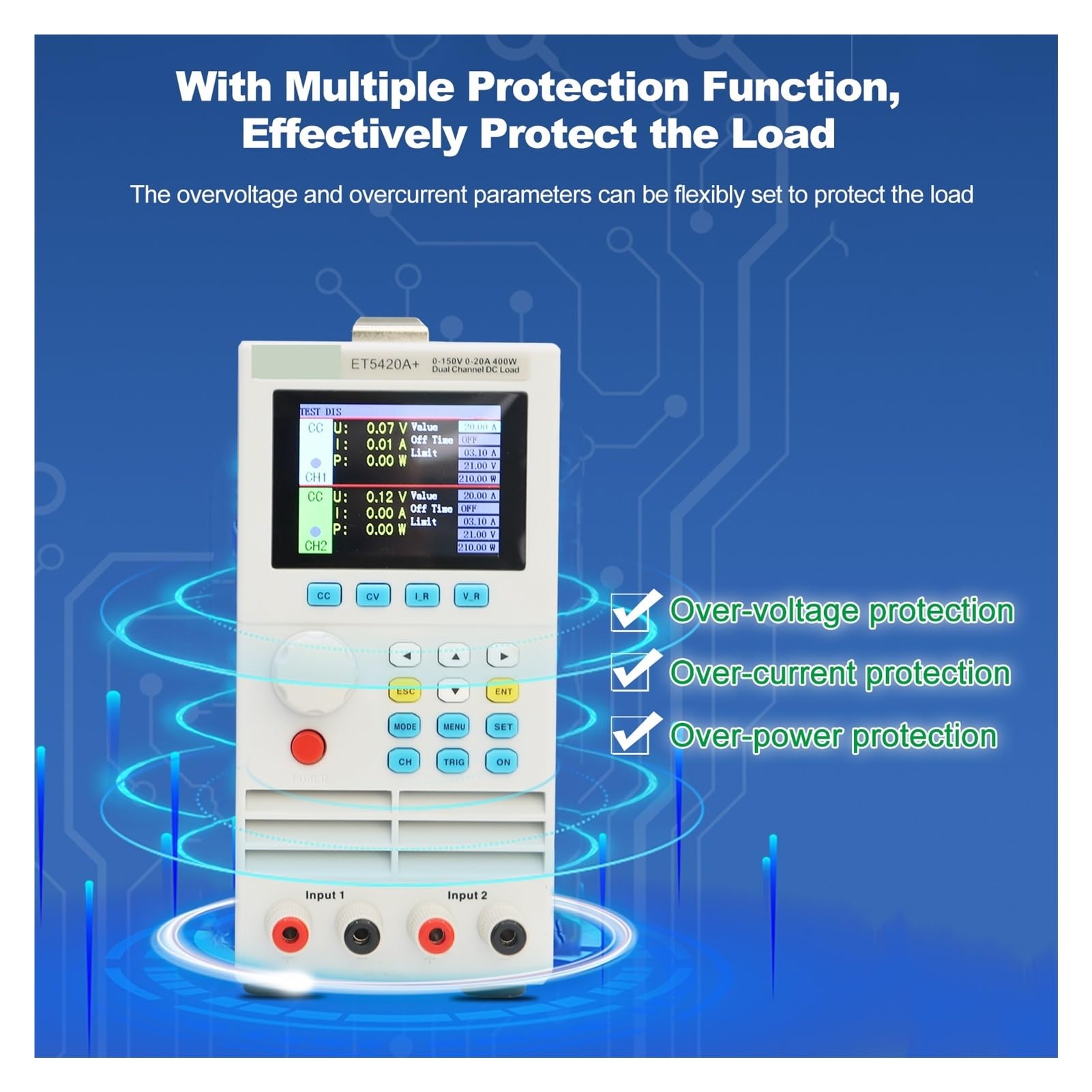 Probador de baterías, Probador de resistencia interna de capacidad de batería de dos canales con carga electrónica de CC programable ET5420A+, 200 W/400 W, 15 A/40 A