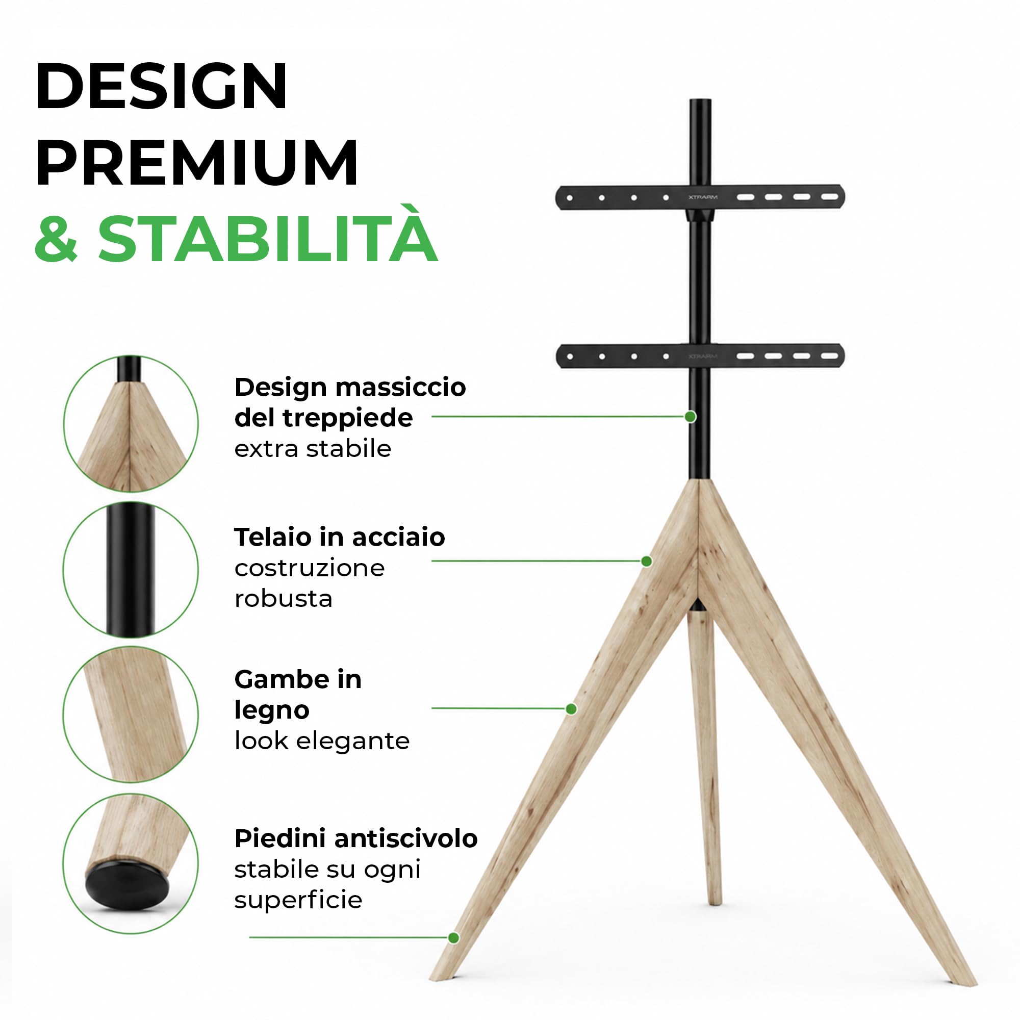 Argo - Supporto per TV Tripod, altezza fino a 140 cm, girevole a 360 gradi, per TV da 32 a 65 pollici, fino a 40 kg, max. VESA 400 x 400 mm, base TV in rovere invecchiato