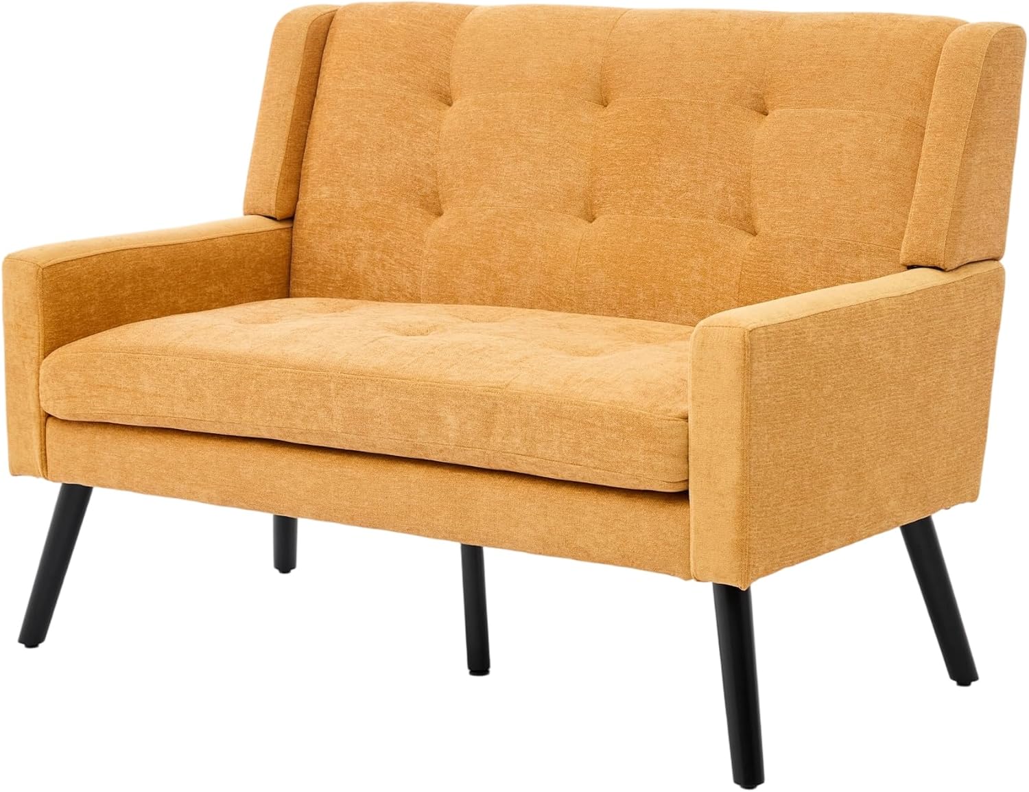 Mid-Century 47" Small Loveseat Sofa, Plush Linen Fabric with Button Tufted High Back and Solid Wood Legs, for Apartment Living Room, Bedroom, Home Office (Yellow, 2-Seater)