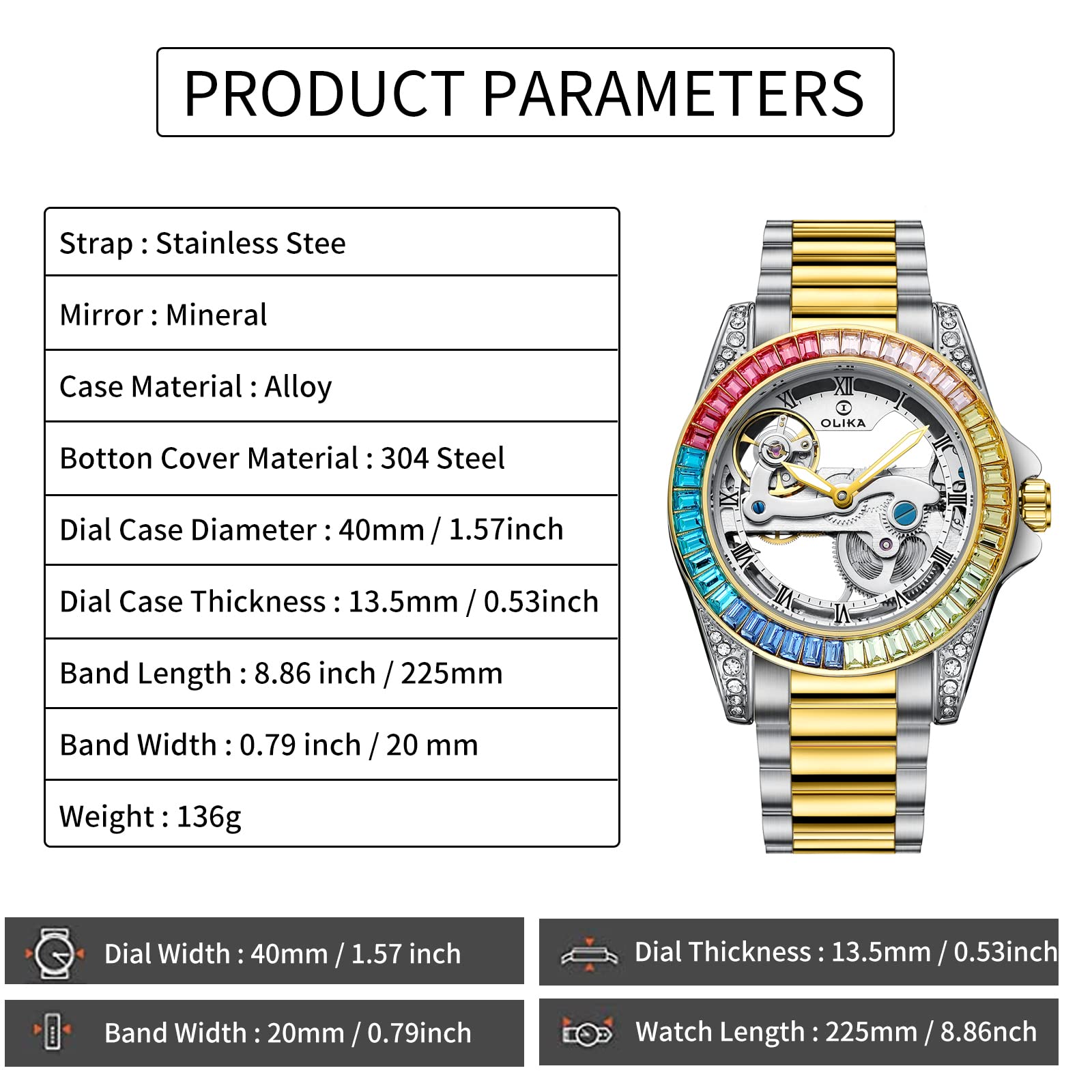 Reloj para mujer, reloj mecánico de cuerda automática, reloj esqueleto de acero inoxidable, reloj luminoso resistente al agua, reloj elegante de negocios (Rainbow Machinery), Una maquinaria de 6
