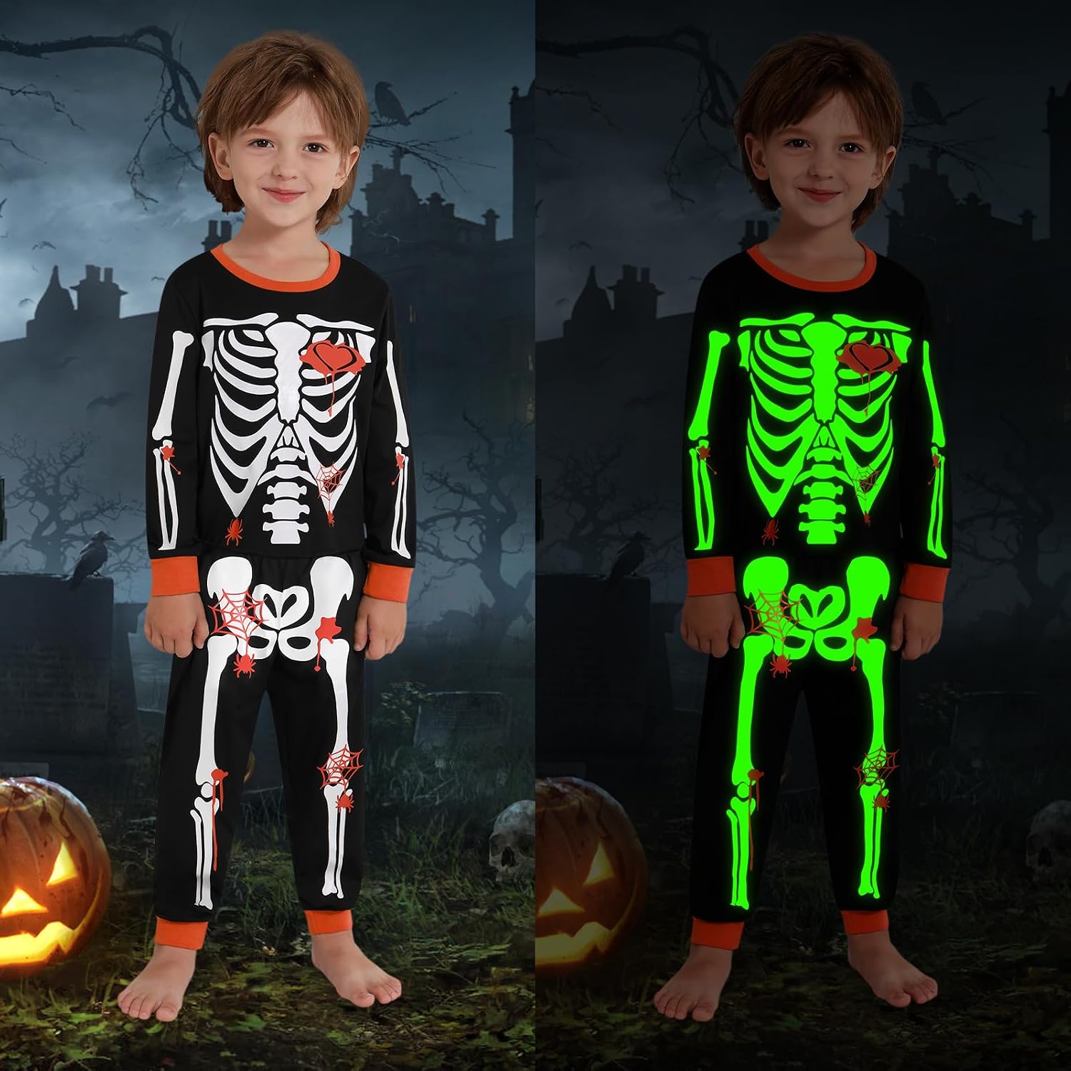 Weixinbuy Skeleton Pajamas Glow in The Dark for Kids 3 Style Soft Stretch Jammies Set Boys Girls Sleepwear 4T-10T