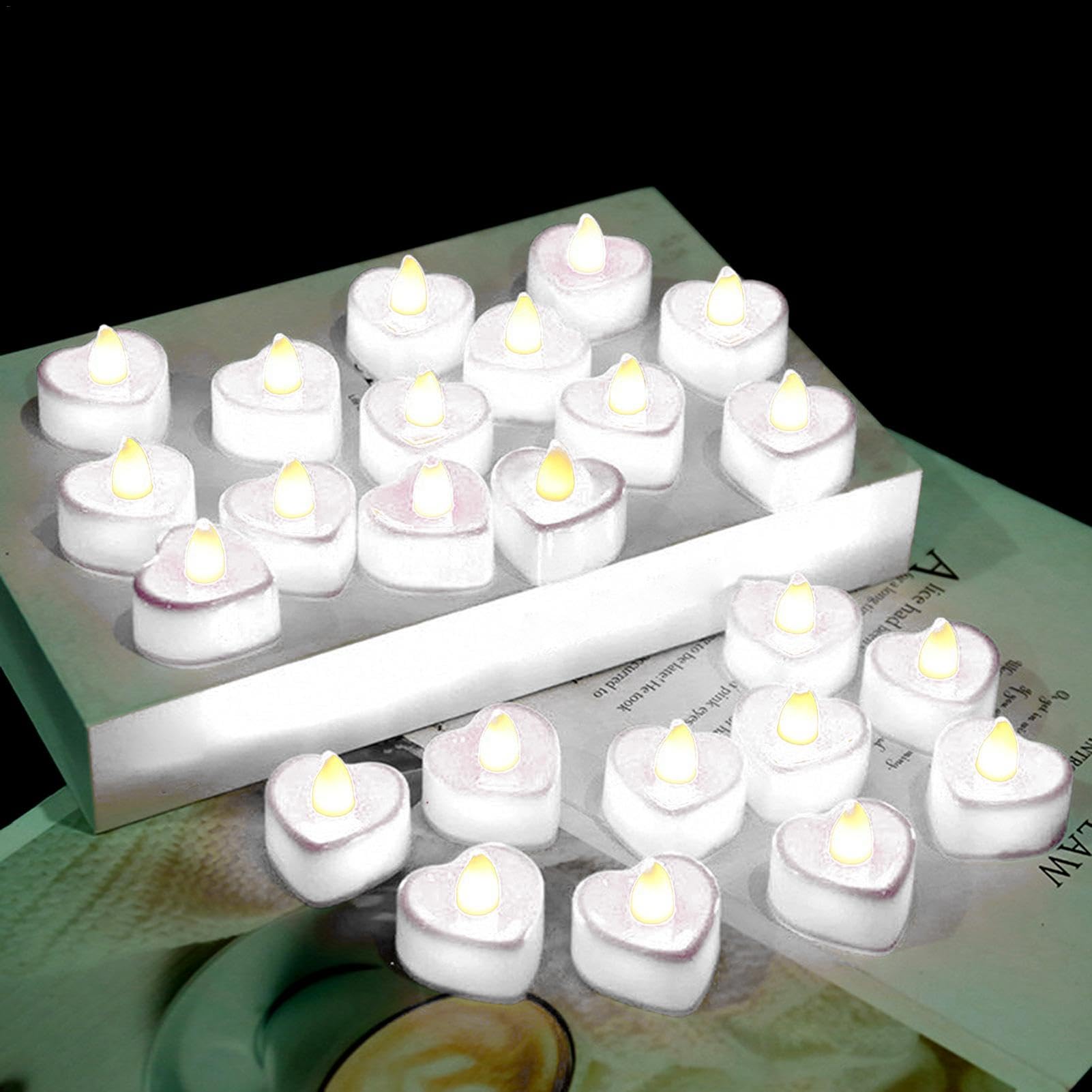 Pack Of 24 Flameless Battery Tea Lights 4x4x2cm Heart Shape Flickering Fake Candles Colour Changing Romantic Candles Heart Tea Lights, Flameless LED Candles Valentines Love Heart LED Votive Candles