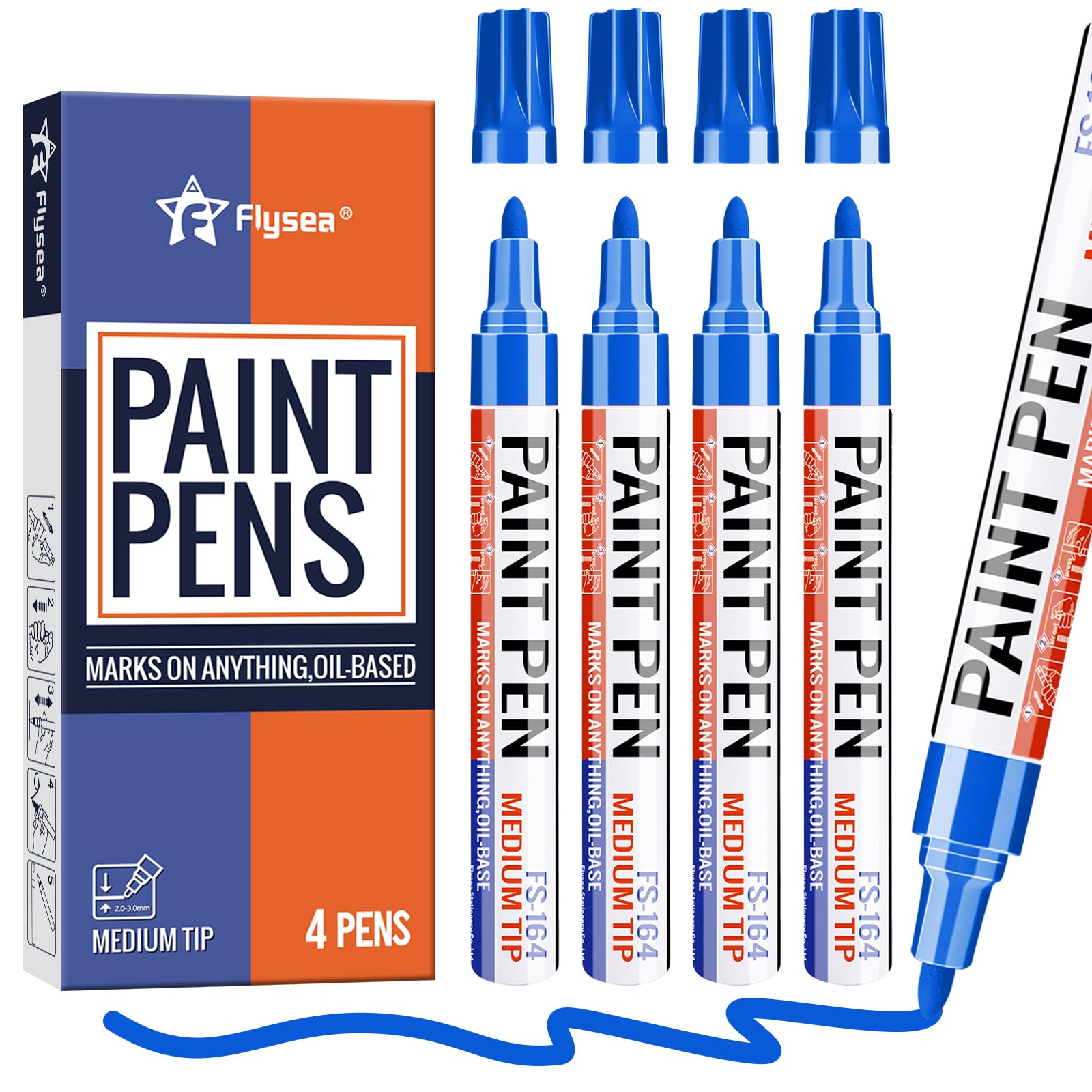 Alitastro Blue Paint Pens Permanent Marker Pen 4 Pcs Waterproof Oil Based Paint Markers 3mm Medium Round Tip Quick-drying Paint Marker Pens for Rock Painting, Black Paper, Metal, Tyre, Glass, Wood