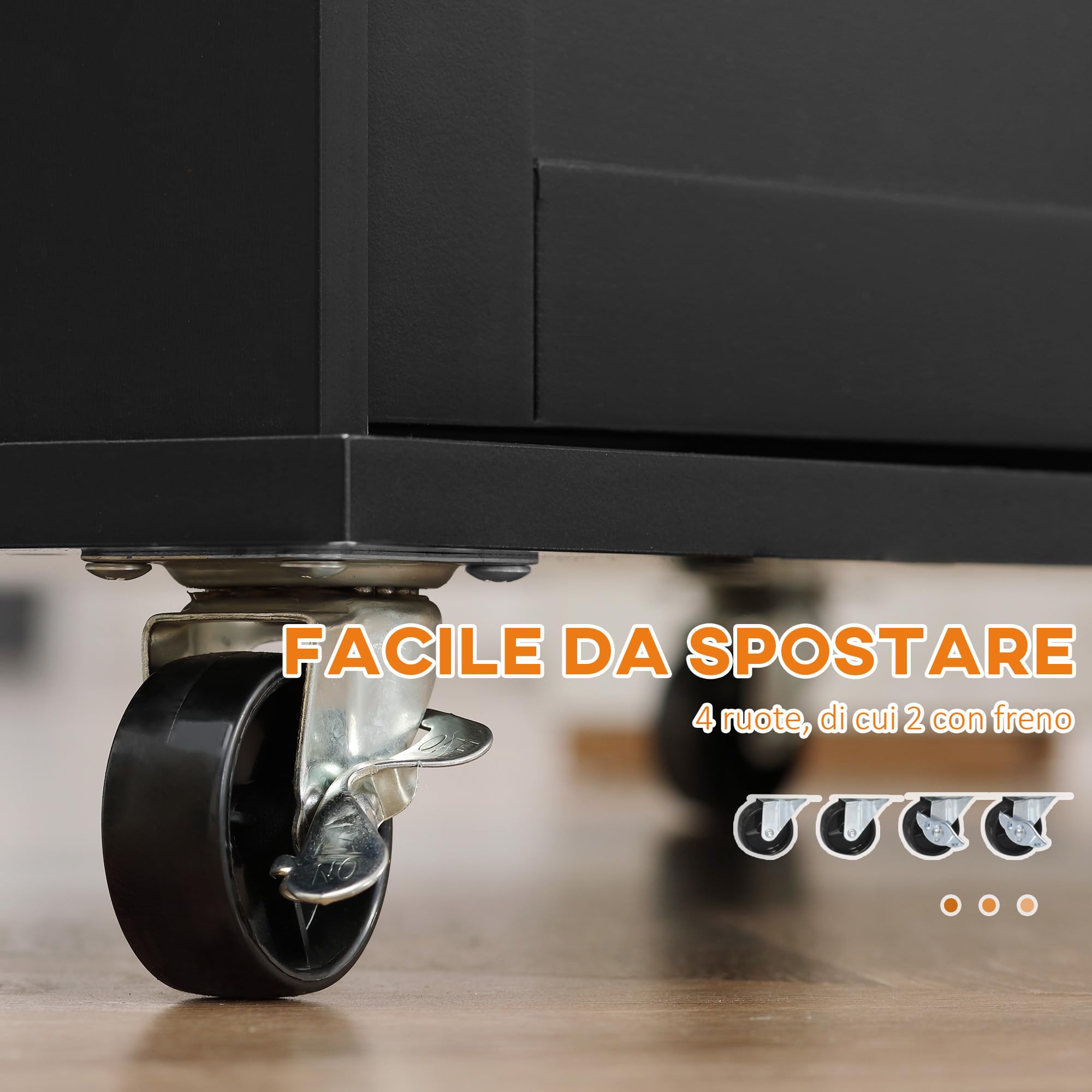 HOMCOM Carrello da Cucina con Armadietto, 2 Cassetti e Portaspezie a 3 Ripiani, Isola da Cucina Portavivande con Scaffale Regolabile, Porta Asciugamani e 4 Ruote con 2 Freni, 89x45x89.5 cm, Nero