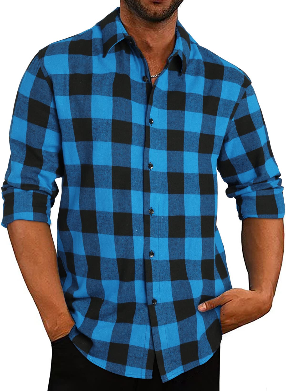 APOONABA Camisa Franela Hombre Manga Larga Cuadros Camisas Hombre Casual Shirts con Botón Vintage Franela Shirt Regular Fit