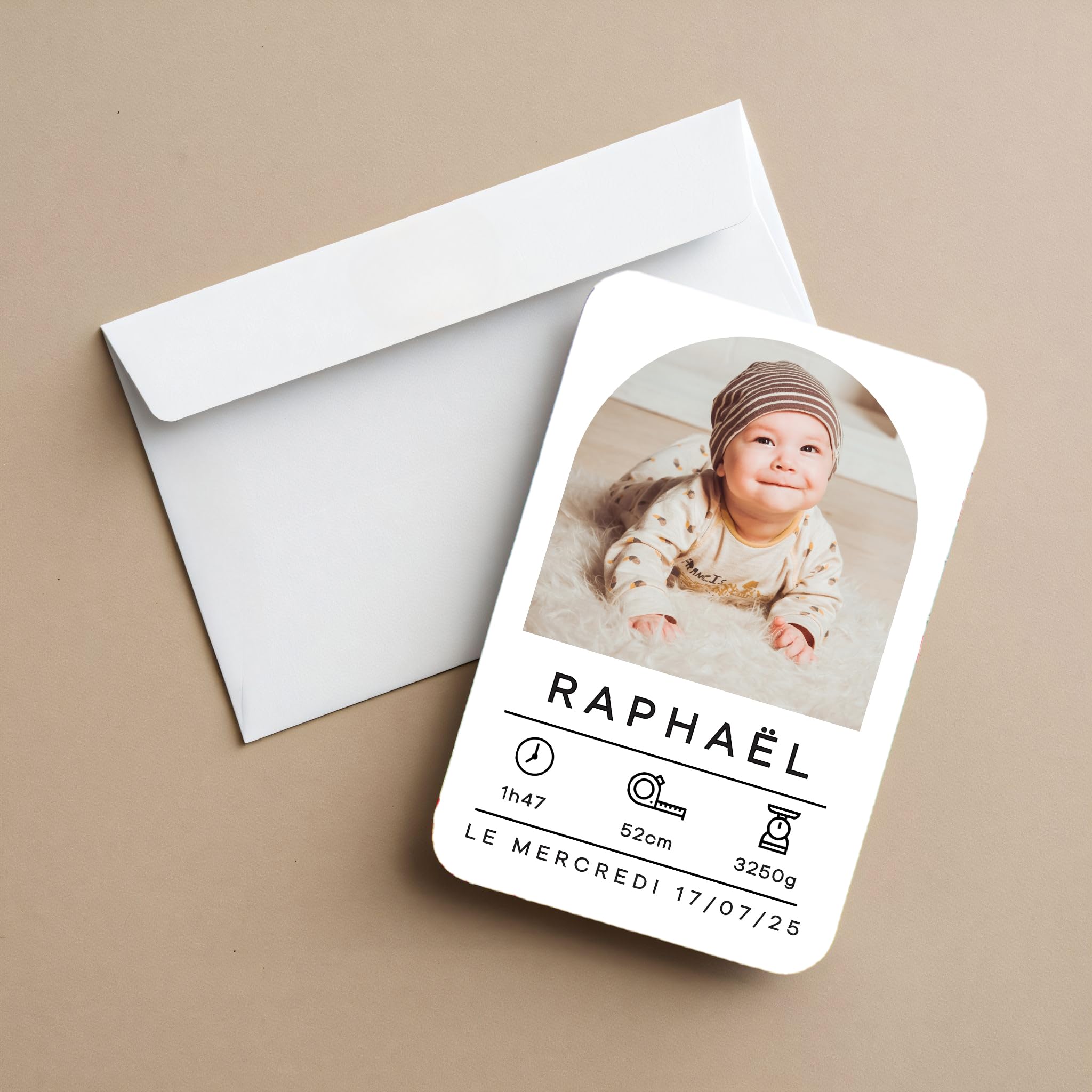 Générique Faire-part Naissance personnalisé – Carte bébé en A6 – Prénom, Taille, Heure et Poids Personnalisable avec Photo, Carte annonce naissance avec 10 Pcs 10,5x14,8cm