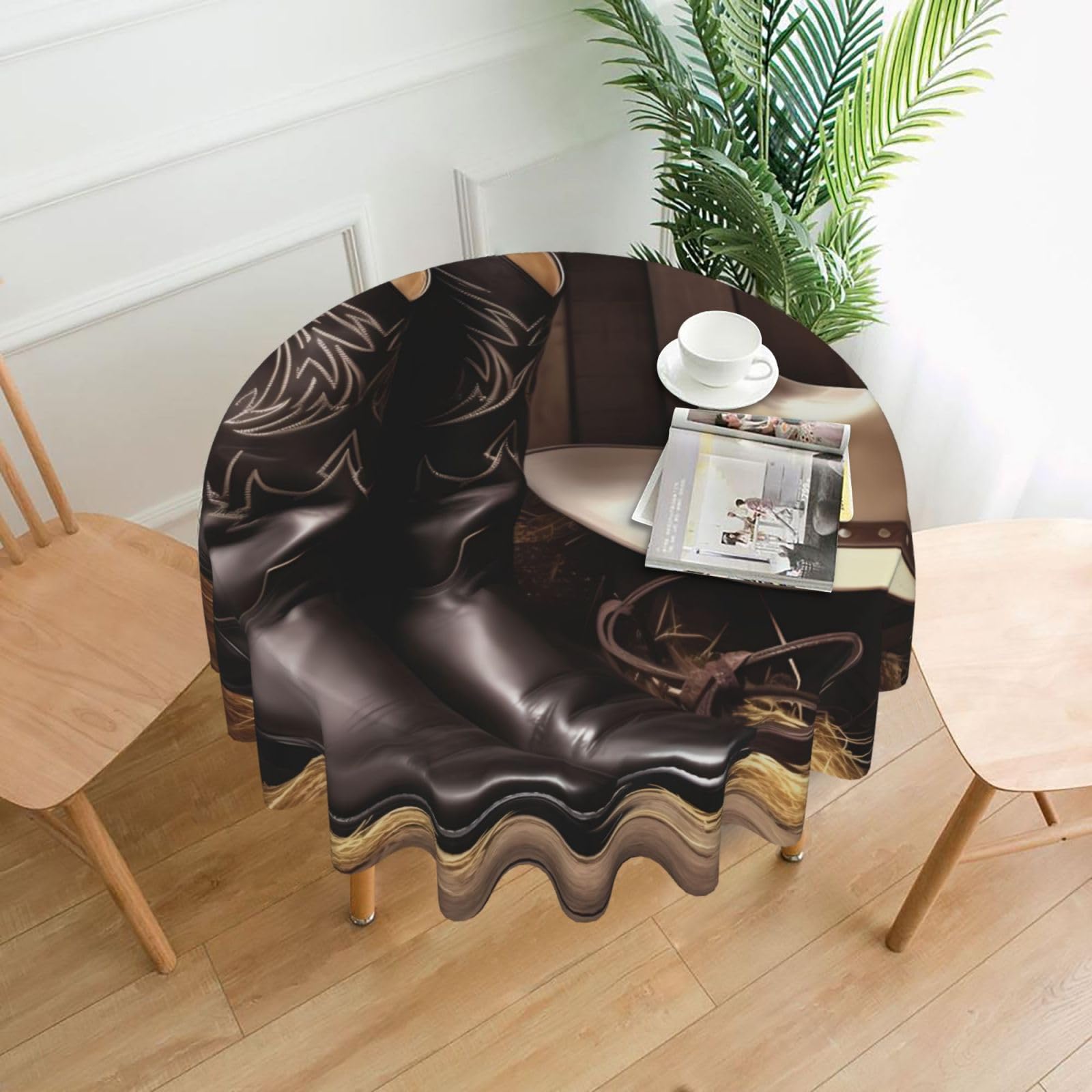FodPand Cowboy Black Hat Western Boots Tablecloths for Round Tables 60 Inch - Reusable Washable Dining Table Clothes - Stain and Wrinkle Resistant Decorative Fabric Table Cover for Wedding Party