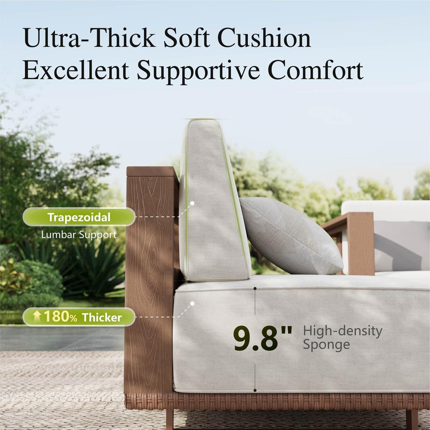 Sophia & William HDPE Patio Furniture Set，Modern Outdoor Sectional Sofa Set with 9.8" Cushions and 43.5" Wood Grain Coffee Table, Deep Seating Outdoor Conversation Set for Backyard(Beige, 5 Pieces)