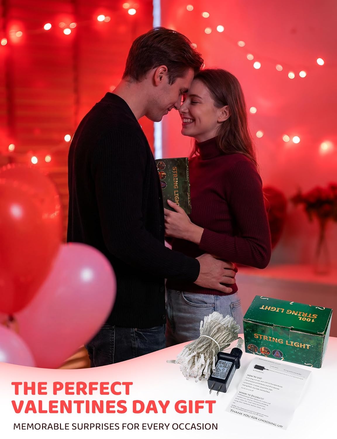 Hopolon Valentines Day Decorations String Lights, 33 FT 100 Led Red Christmas Lights Outdoor Waterproof,8 Modes Clear Wire Twinkle Fairy Light Plug in for Indoor Bedroom Party Wedding,100 LED,Red - Image 7