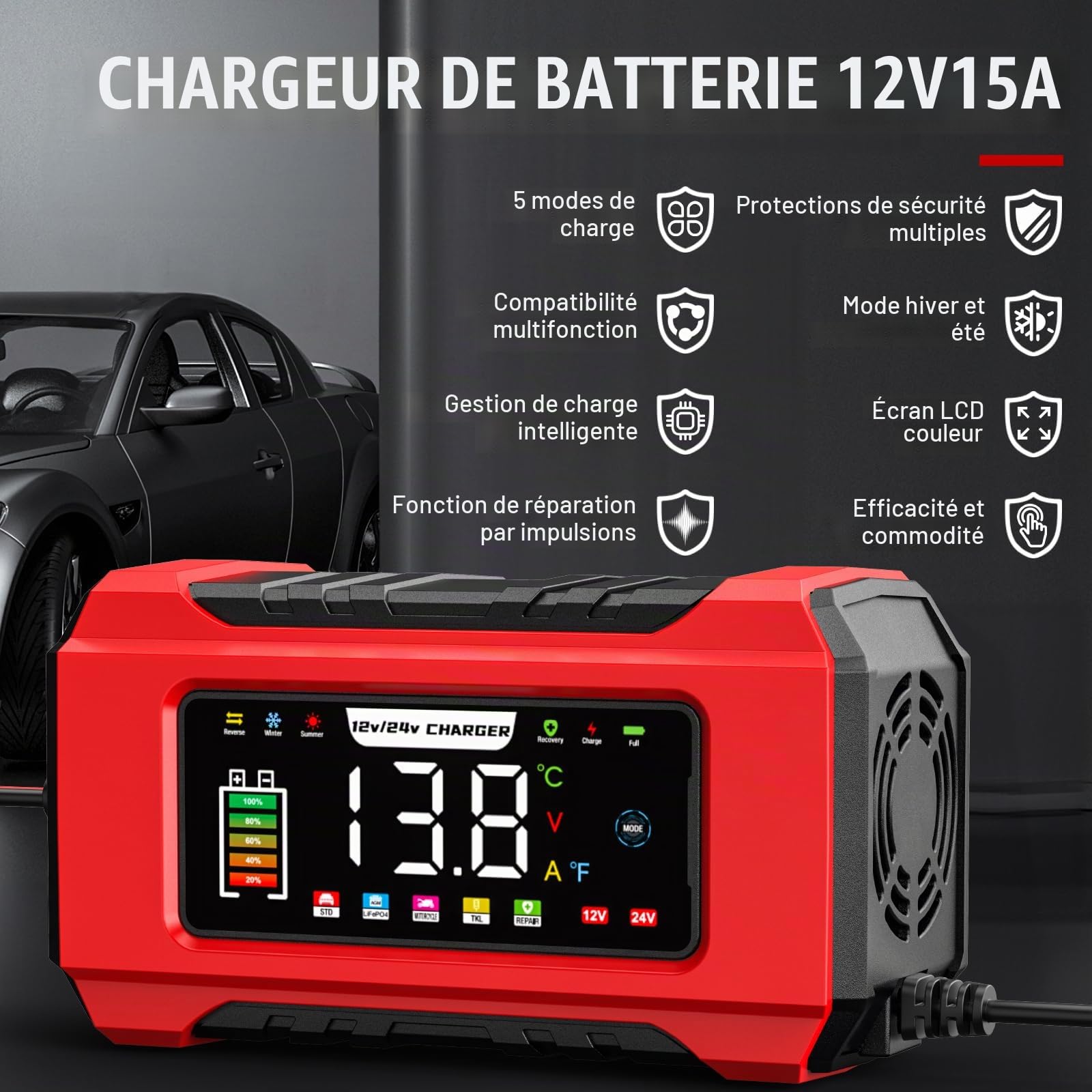 15A Chargeur Batterie Voiture, 12V/24V Chargeur avec Mémoire Intelligente