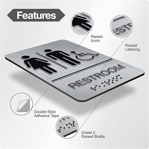 Miniatura 10 de Letrero de baño – Letrero de aluminio para discapacitados en Braille con cinta 3M de doble cara – 9 x 6 pulgadas para oficinas y restaurantes