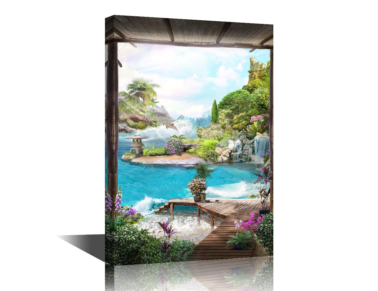 TISHIRON Seascape Wall Art 1 Pieces Sea and Island Canvas Art Wall Decor Sea Scenery Modern Wall Art Pictures for Living Room Palm Tree Artwork Paintings Giclee Framed Ready to Hang 12" Wx18 H
