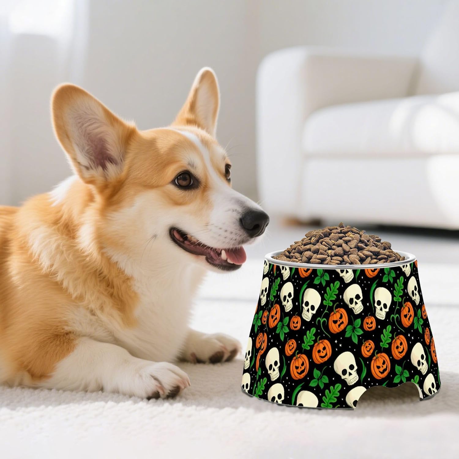 Skull Pumpkin Halloween Pet Bowl Elevated Dog Bowls with Stainless Steel, Raised Dog Bowl for Comfortable Feeding and Easy Cleaning, for Pets.23301677